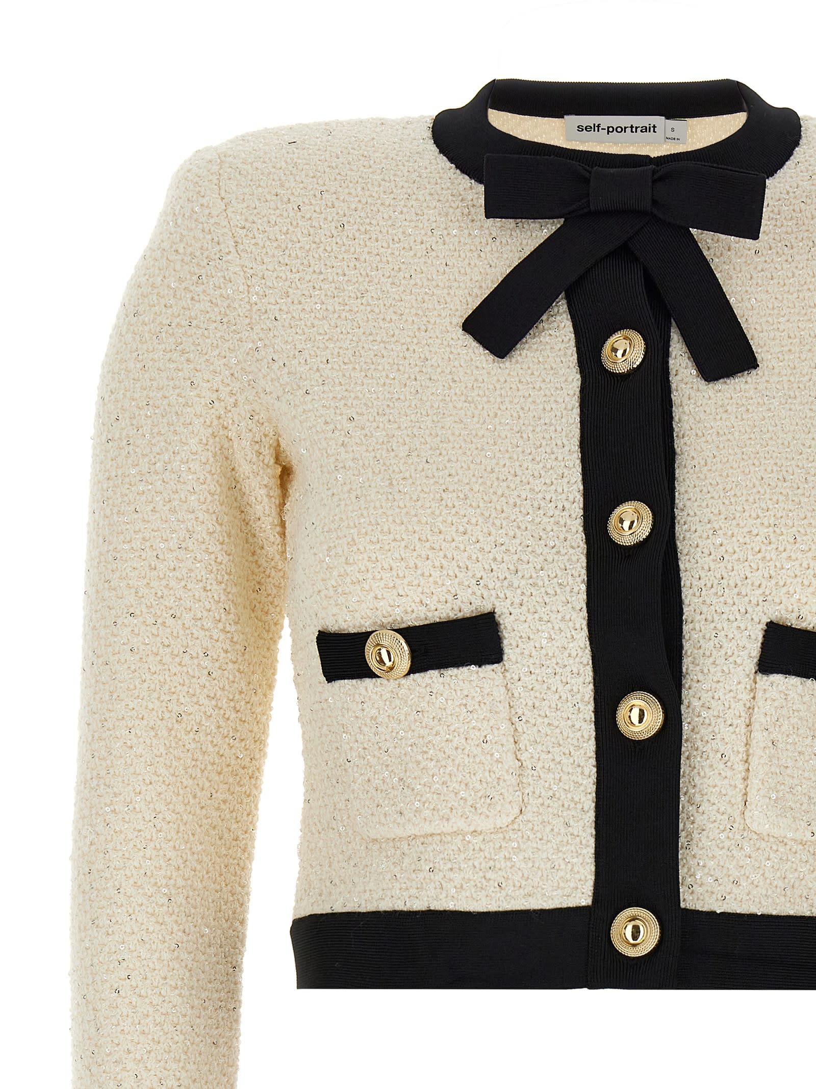 SELF-PORTRAIT CREAM SEQUIN PUSSY BOW CARDIGAN