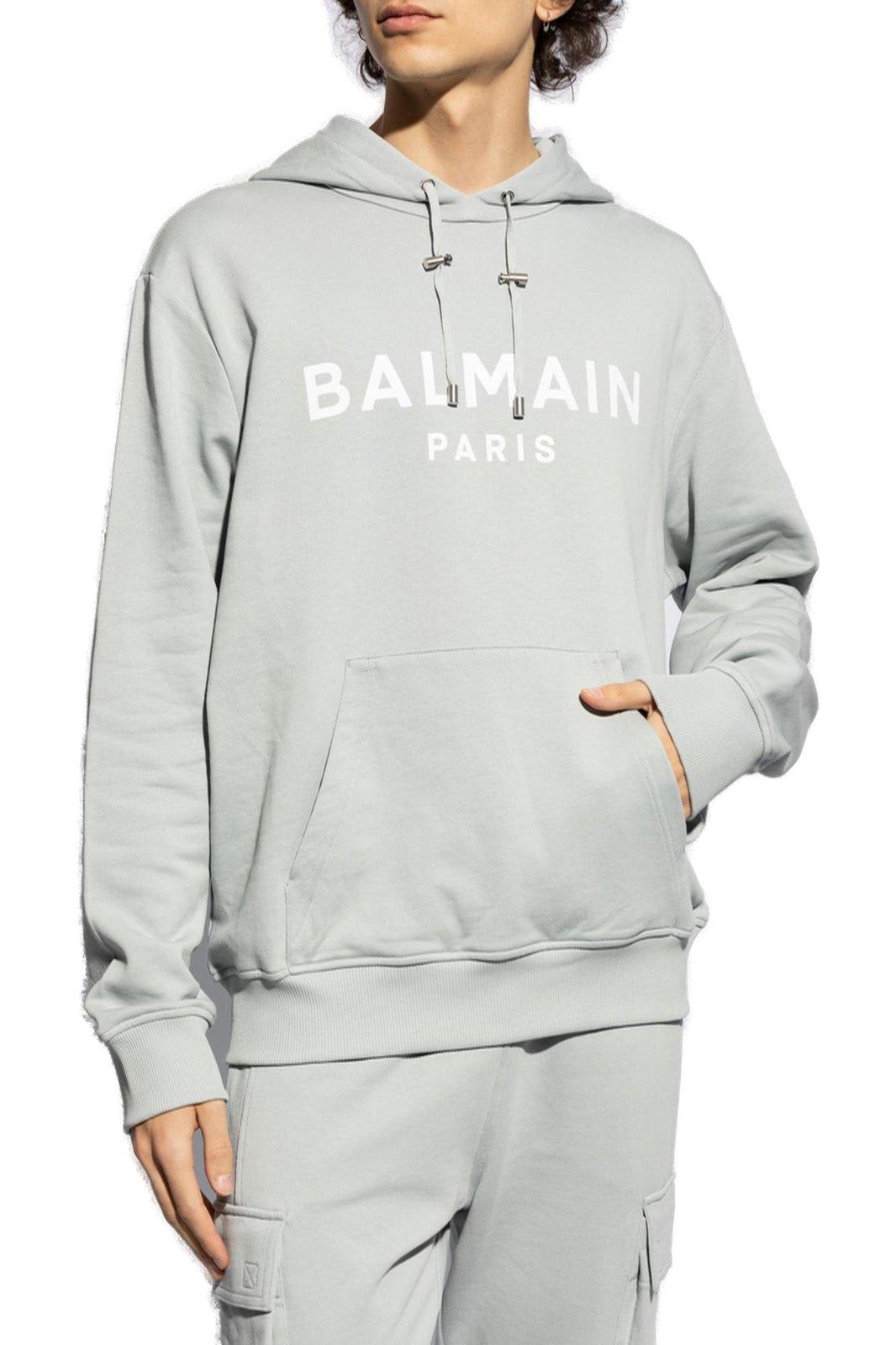 Shop Balmain Logo Printed Drawstring Sweatshirt In Grey