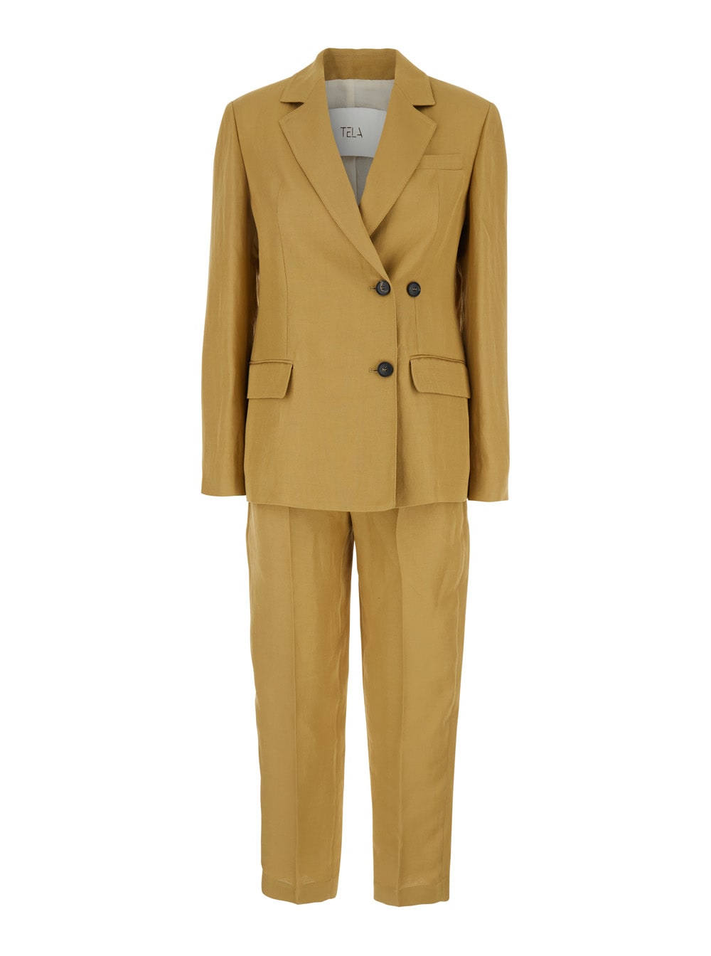 Beige Double-breasted Suit With Notched Revers In Linen And Viscose Blend Woman