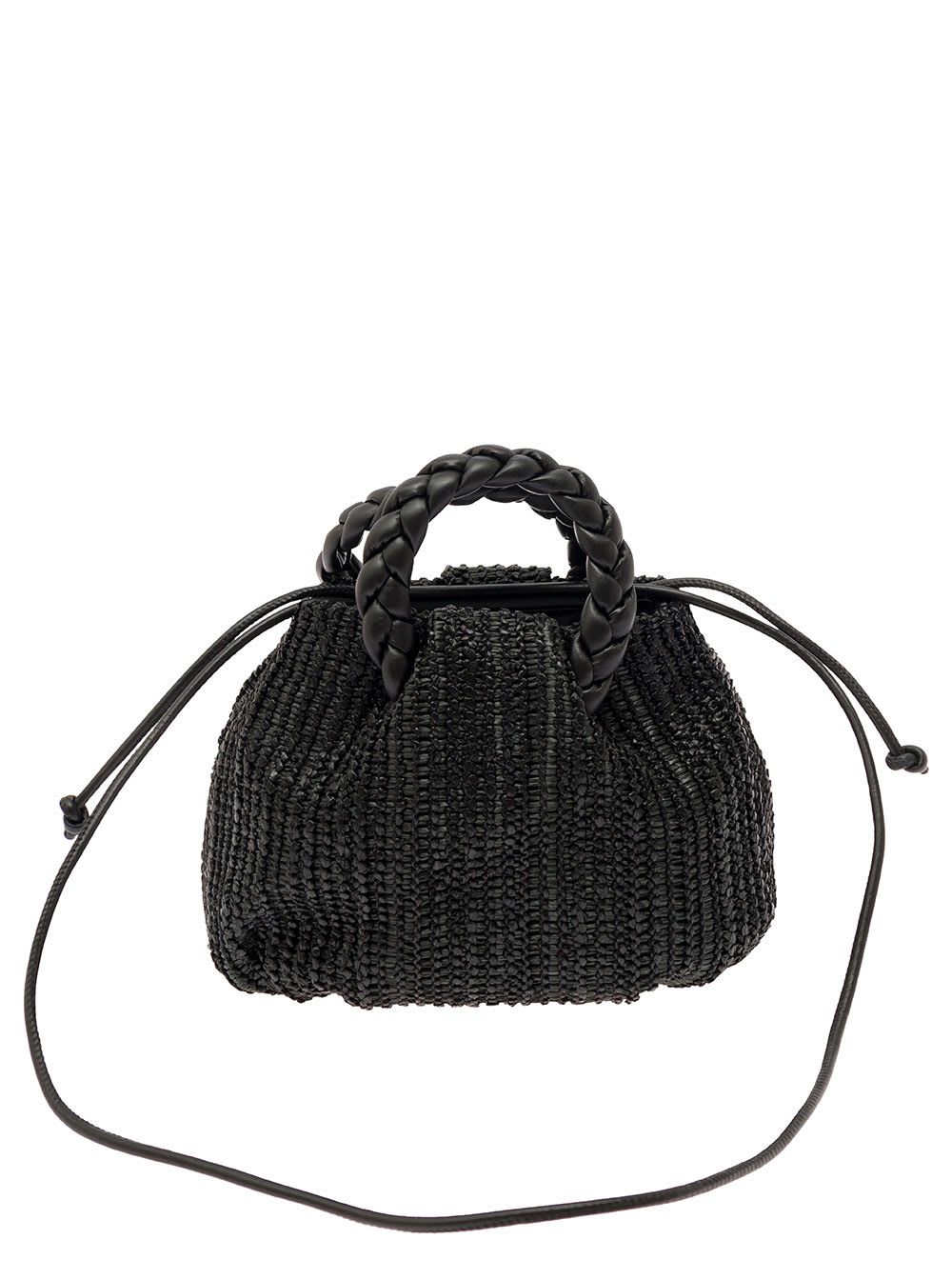 Shop Hereu Woven Bombon Black Handbag With Braided Handles In Woven Leather Woman