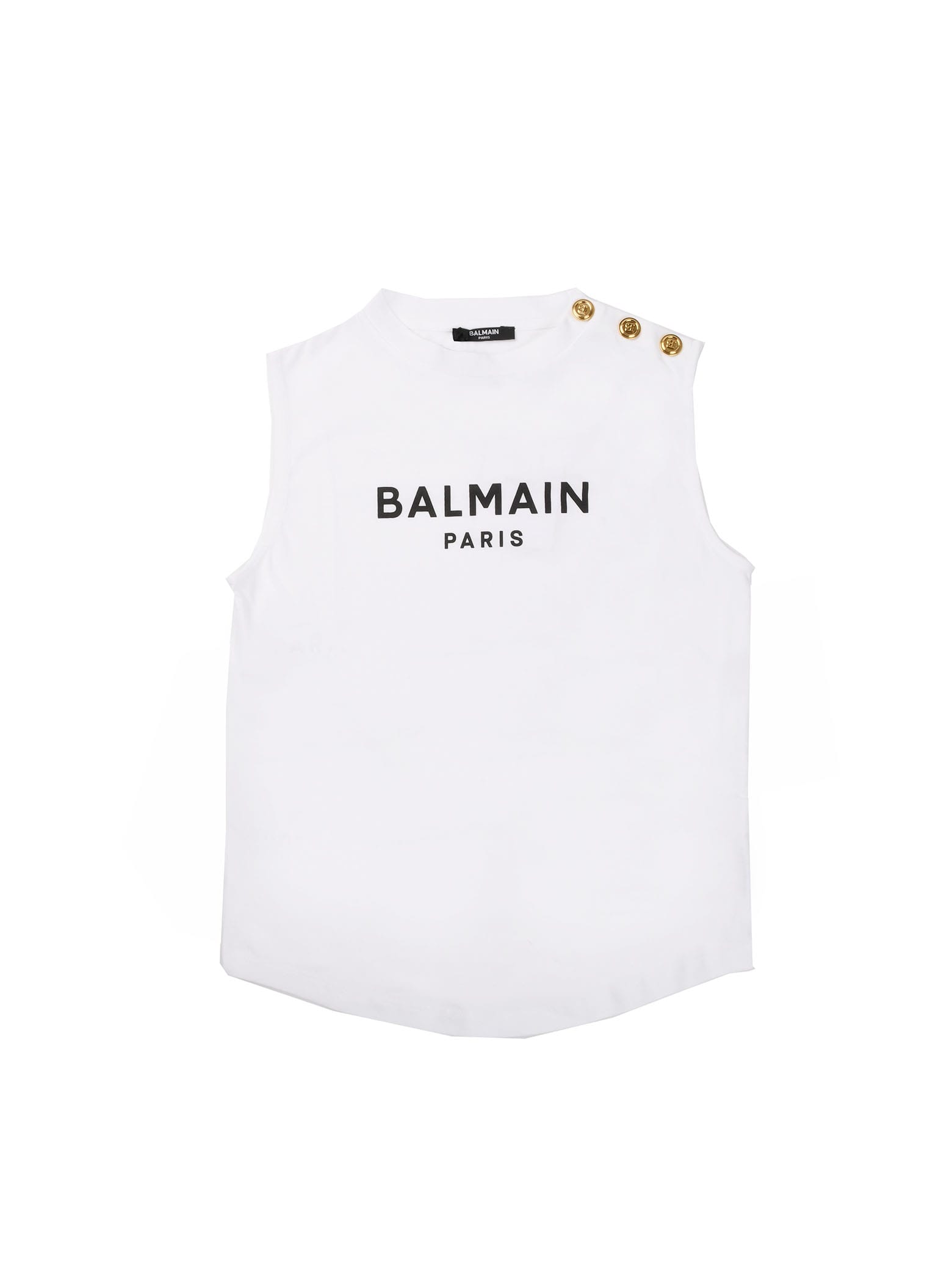 Balmain White Tank With Logo And Shoulder Buttons
