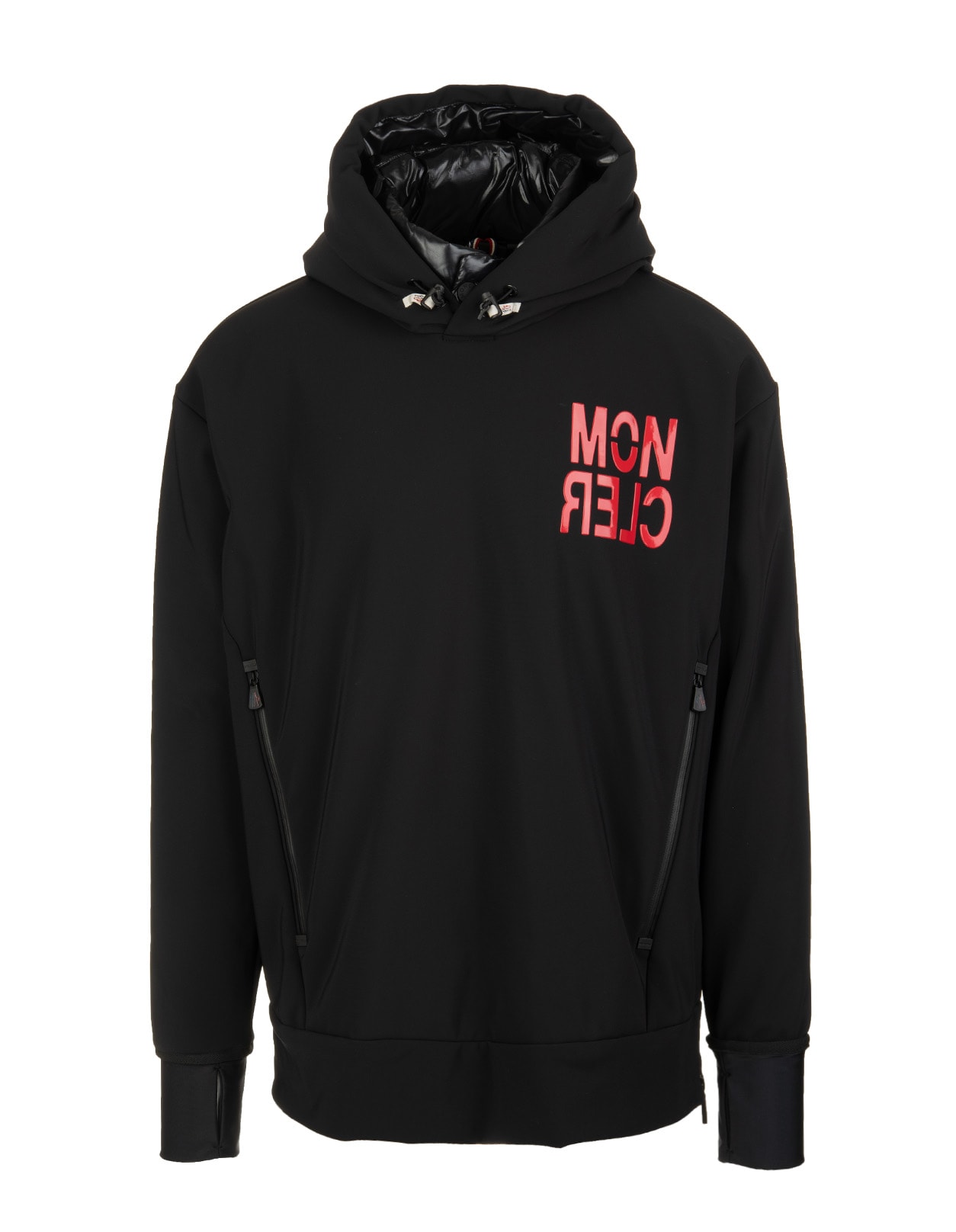 Moncler Grenoble Man Hoodie In Black Technical Fabric With Red Logo
