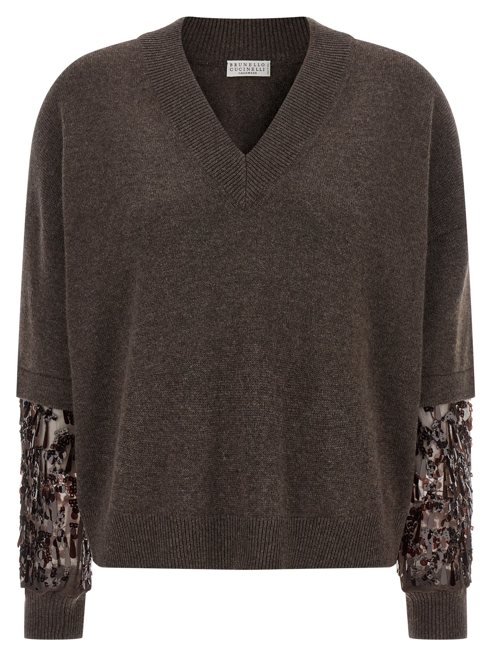 Brunello Cucinelli Sequin Sleeve Sweater Sweaters And Cardigans Brown In Brown