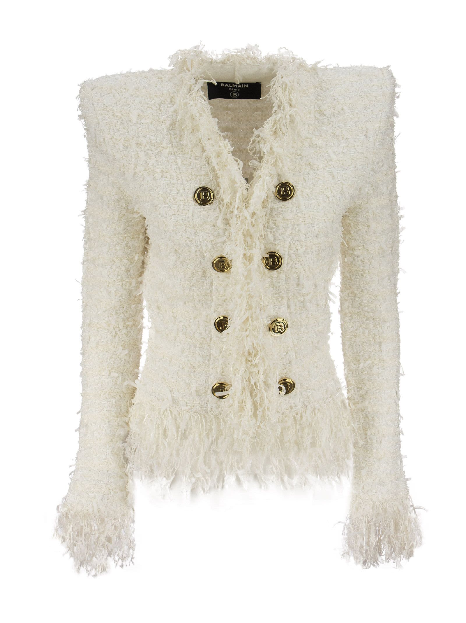 Balmain White Tweed Jacket With Fringe And Gold-tone Double-breasted Closure