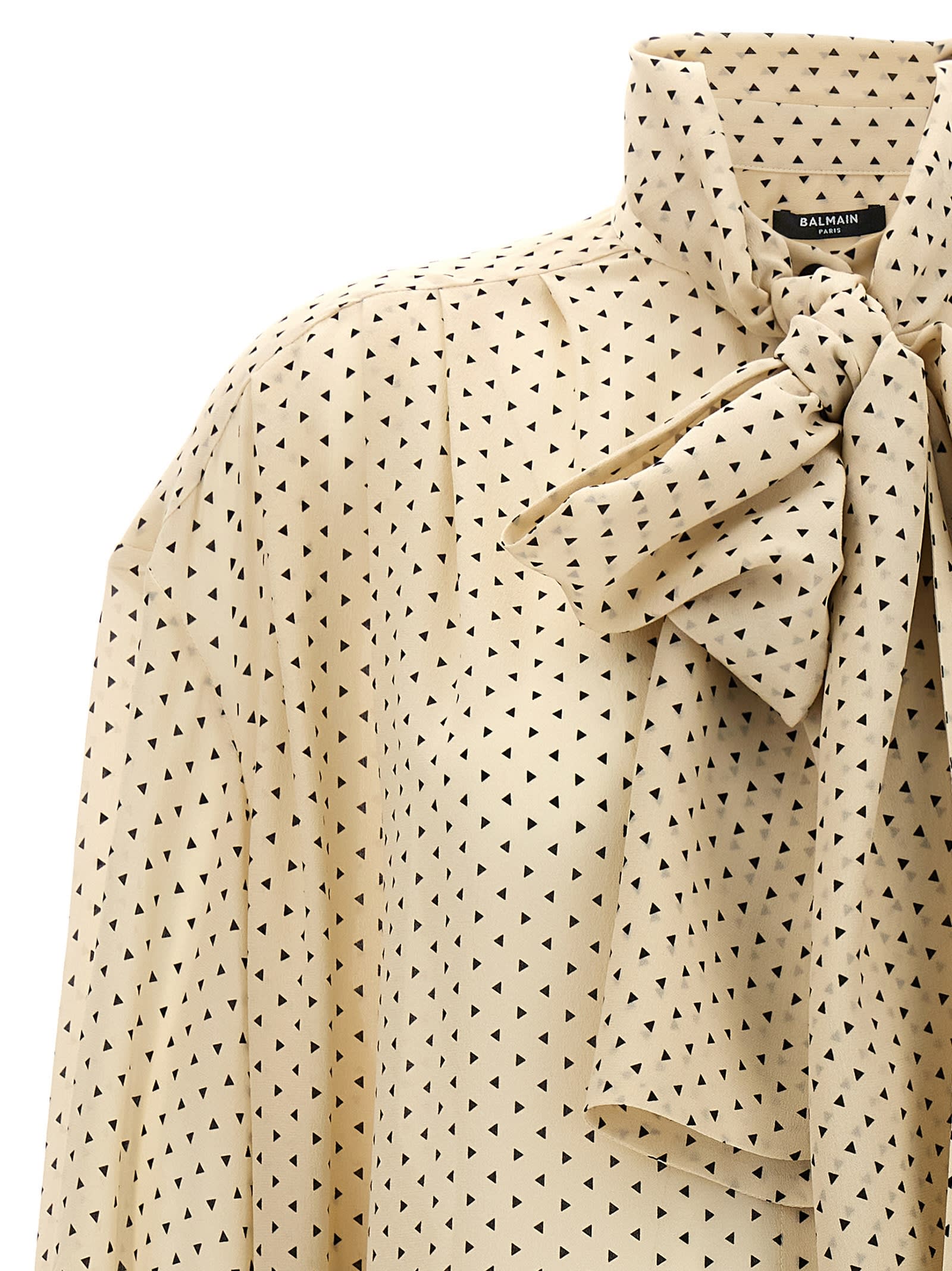 Balmain Printed Pussy Bow Silk Blouse In Cream