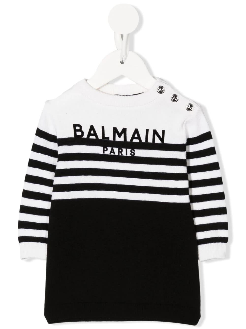 Balmain Baby Dress In White And Black Knit With Logo And Striped Pattern