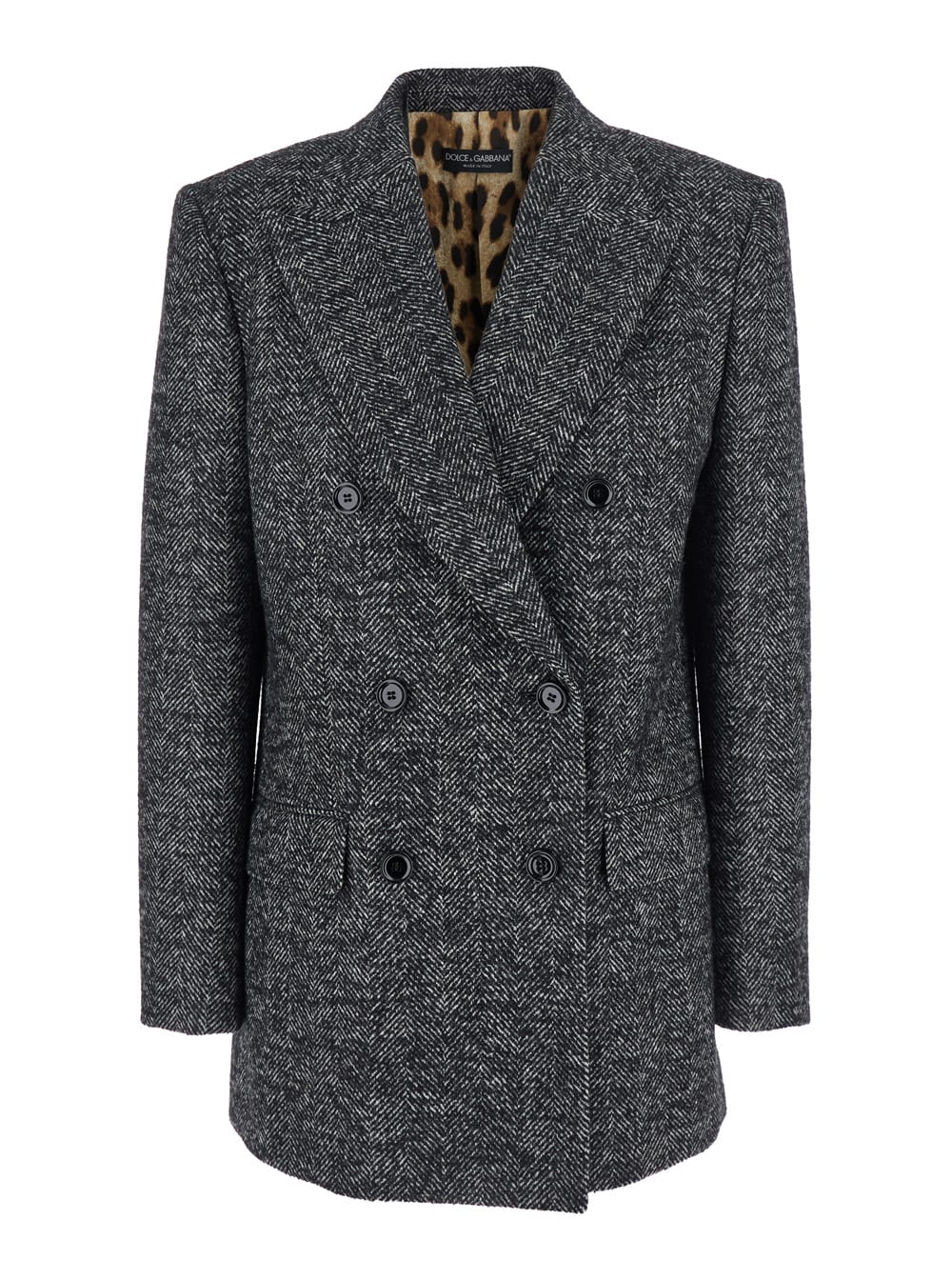 Dolce & Gabbana Double-breasted Herringbone Jacket With Animal Print Lining Clothing In Gray