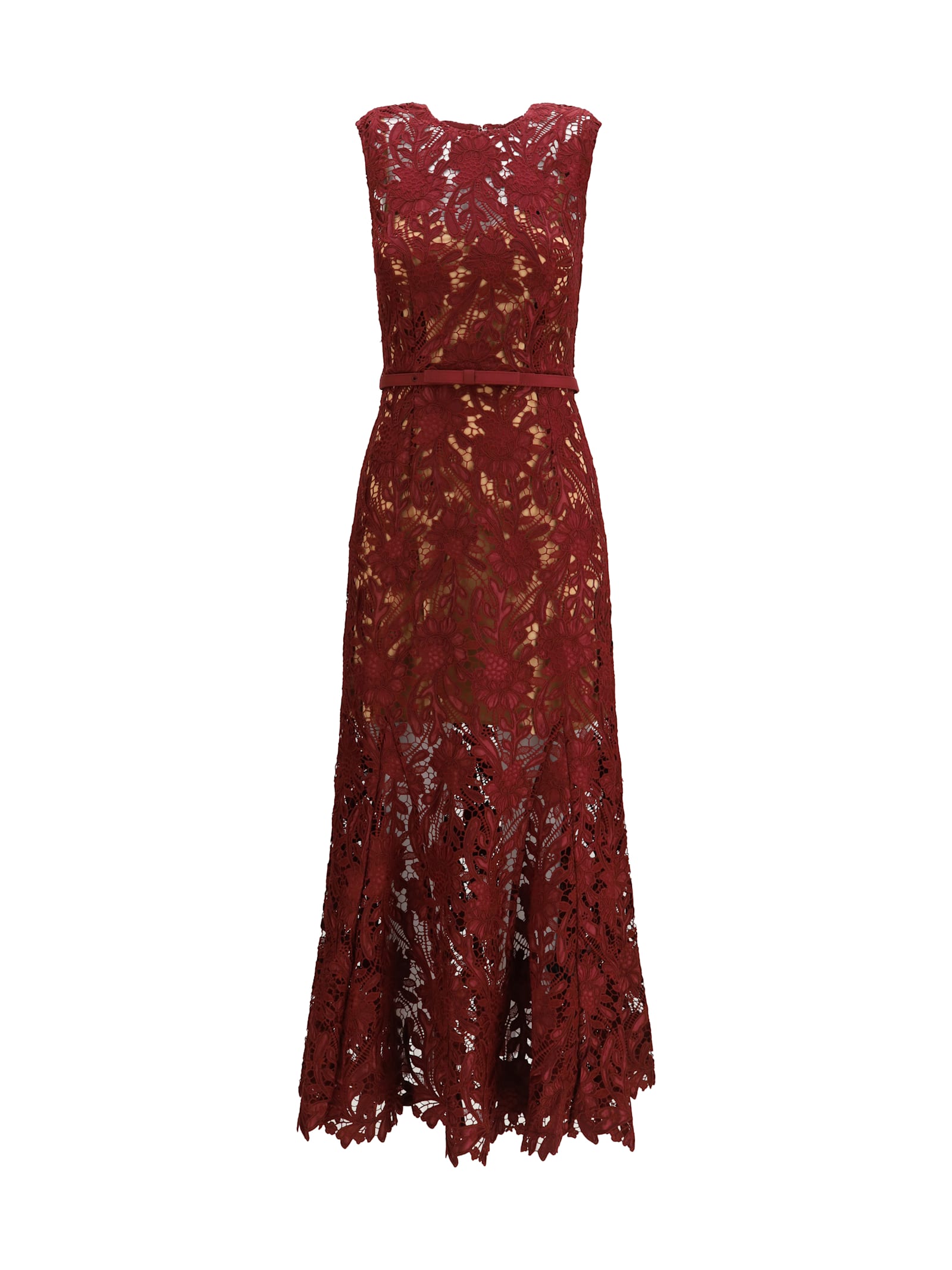 Self-portrait Fitted Guipure Lace Midi Dress With Removable Belt In Red