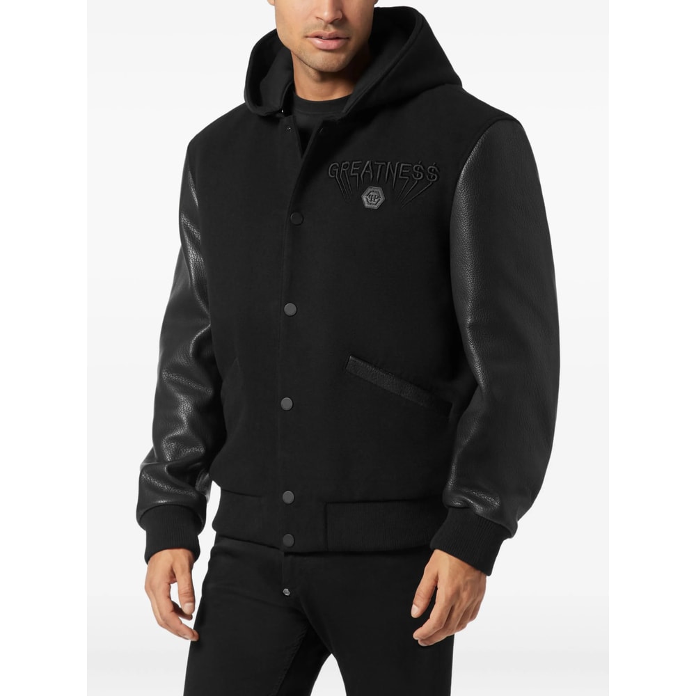 Philipp Plein Logo Bomber Jacket With Hood And Leather Sleeves In Black