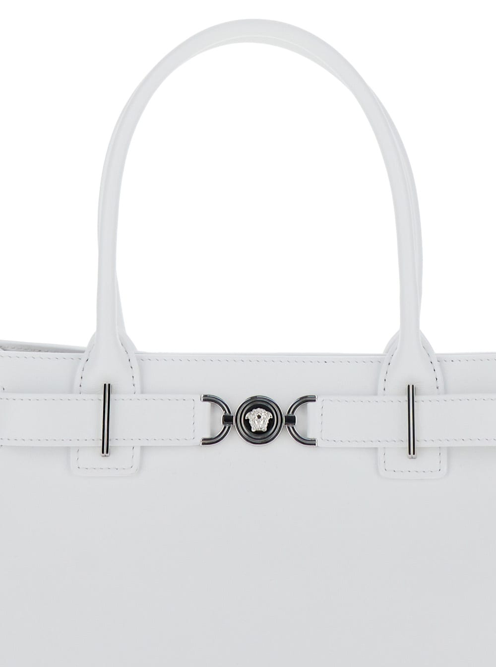 Shop Versace Medusa 95 White Tote Bag With Logo Detail In Smooth Leather Woman