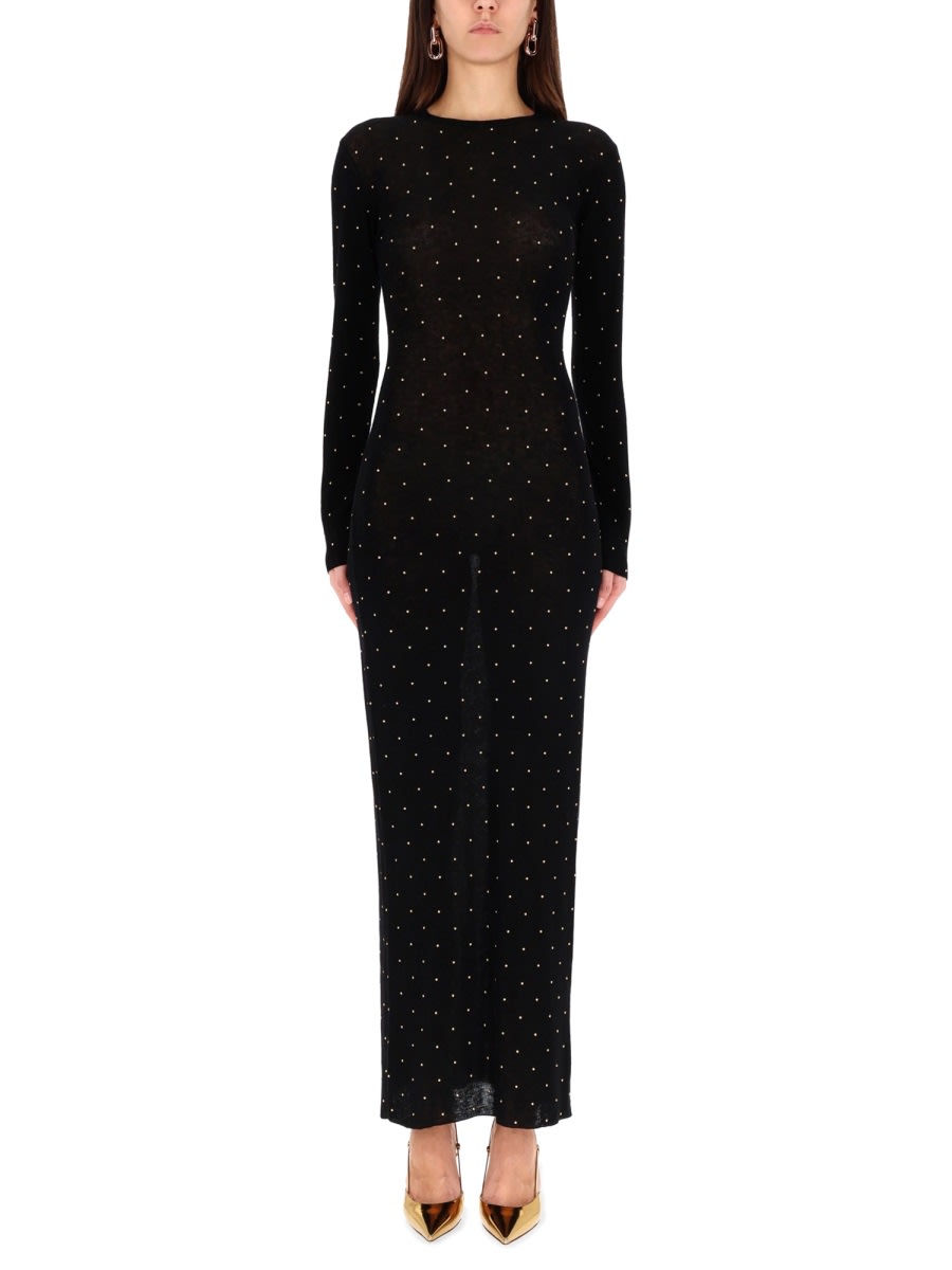 Rabanne Fitted Long Knit Dress With Round Neckline And Rhinestone Embellishments In Black
