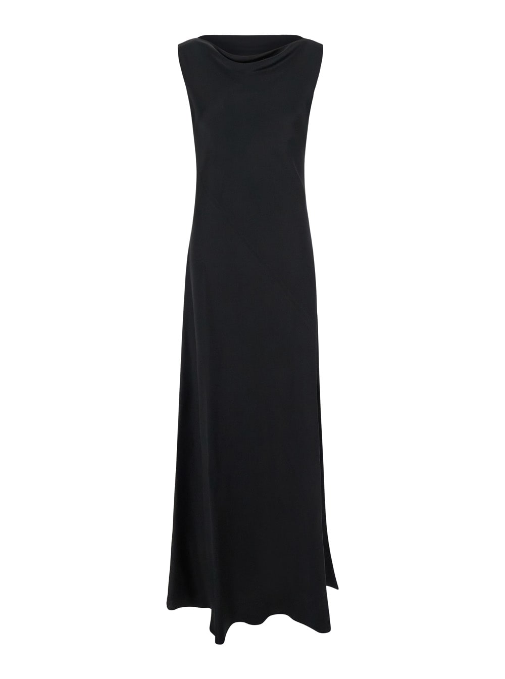 montereal Black Long Dress With Draped Neck In Satin Woman