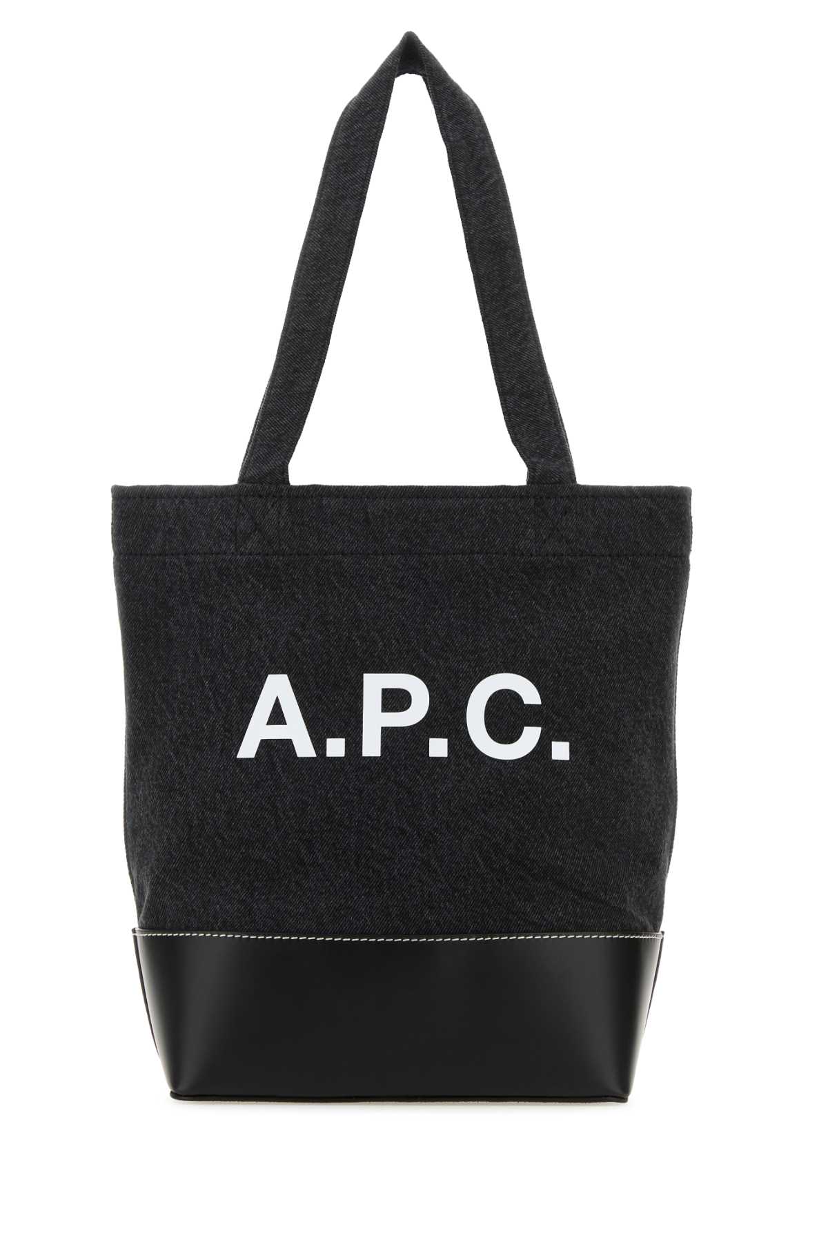 Shop Apc Black Denim And Leather Small Axel Shopping Bag In Noir