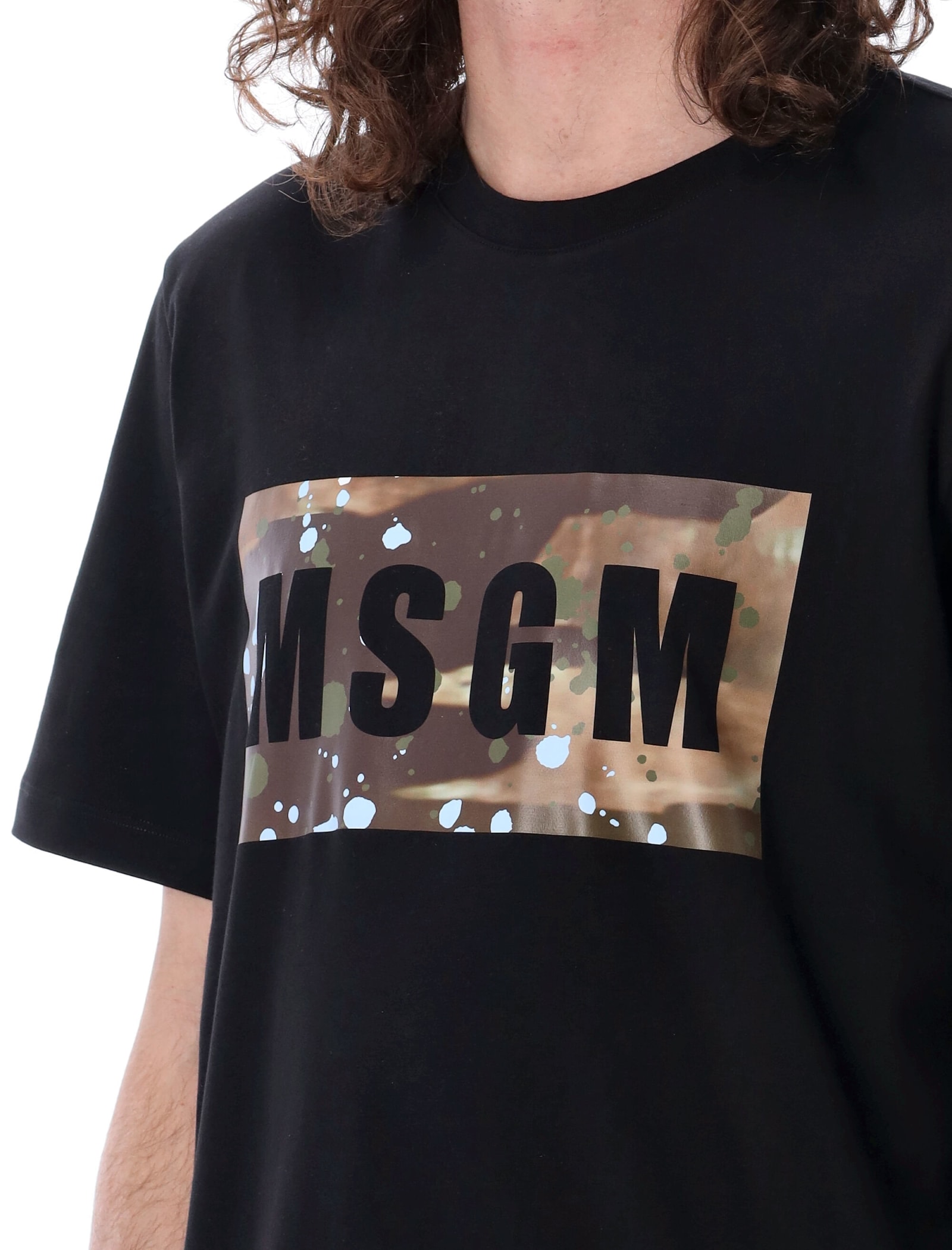 Shop Msgm Camo Box Logo T-shirt In Black