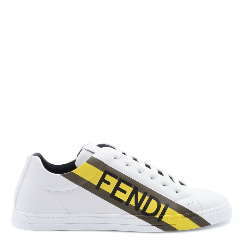 Fendi Leathers WHITE LEATHER SNEAKERS WITH LOGO PRINT
