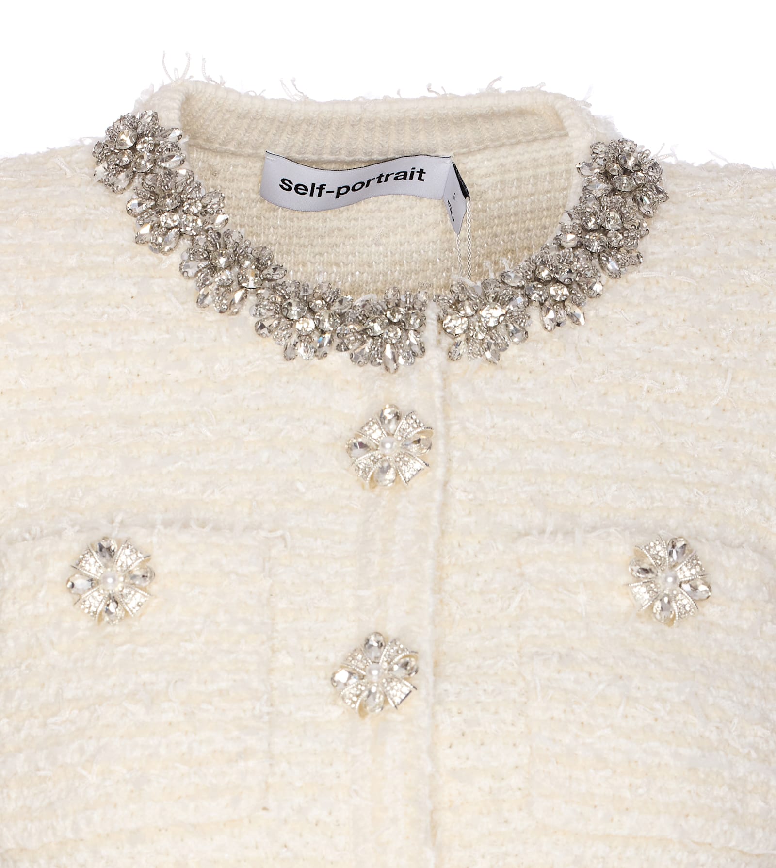 Self-portrait Cropped Sweater With Textured Boucle Knit And Crystal Embellishments In White
