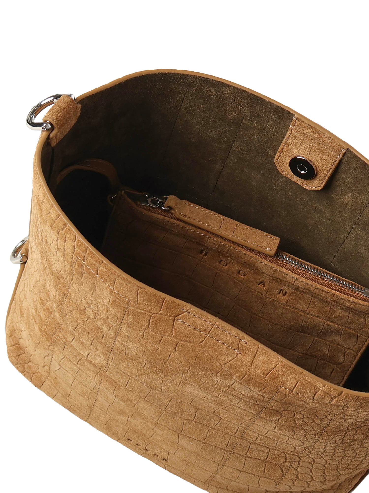 Hogan Textured Crocodile-embossed Brown Shoulder Bag With Adjustable Strap In Brown