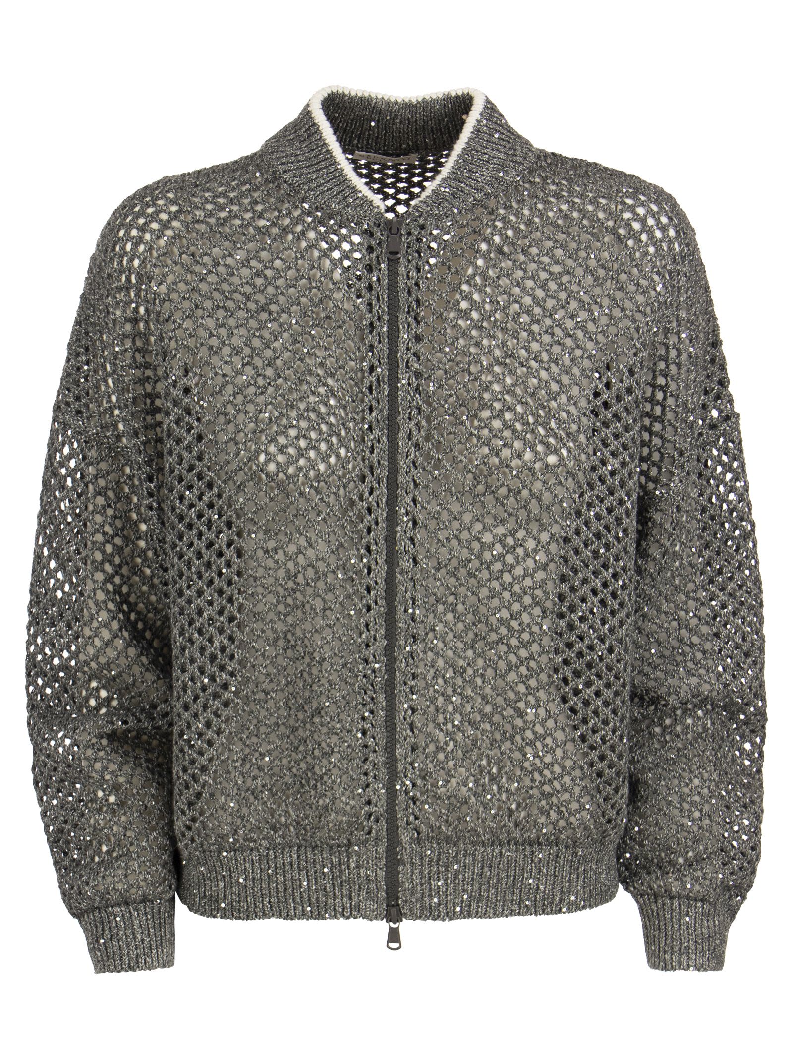 Brunello Cucinelli Sparkling Mesh Bomber Style Linen And Cotton Cardigan