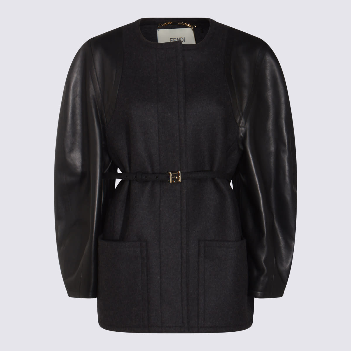 Fendi Women Virgin Wool Coat With Leather Sleeves In Black