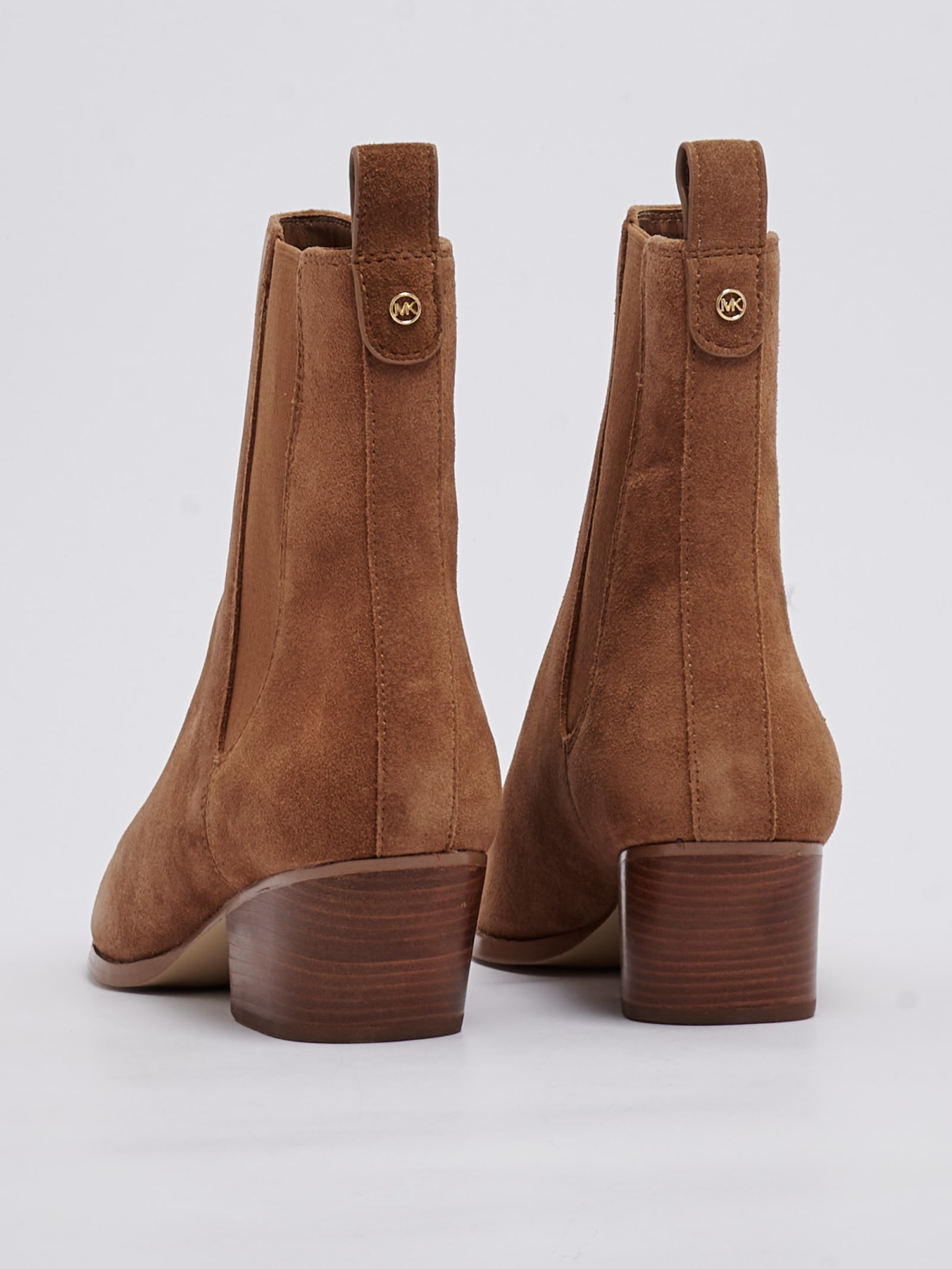 Michael Kors Women's Kinlee Pointed Toe Black Stretch Block Heel Booties In Brown