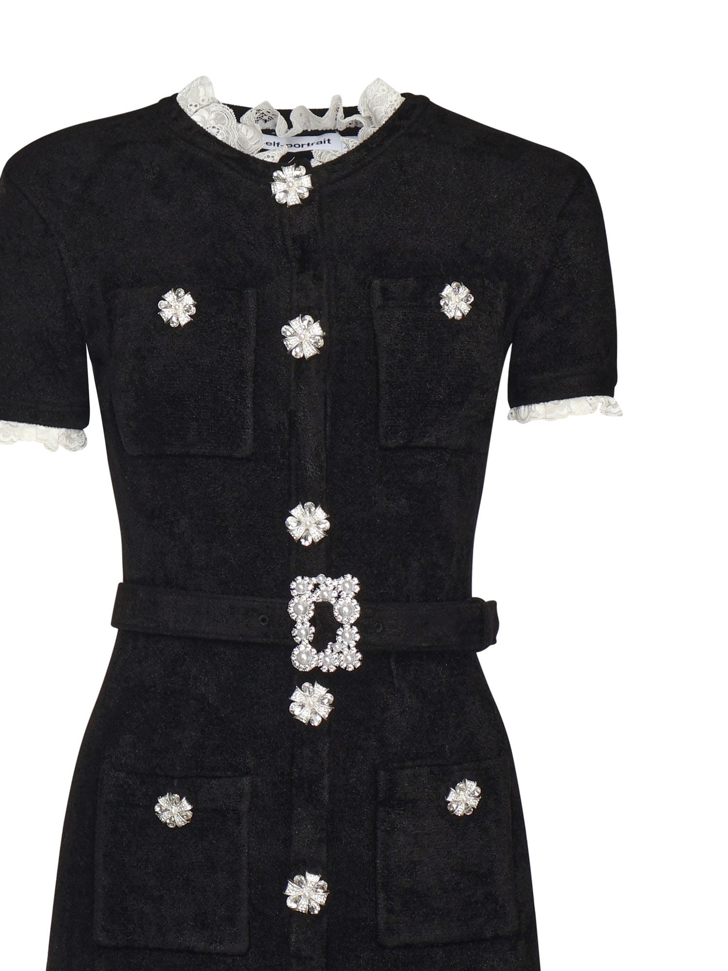 Self-portrait Womens Black Crystal-embellished Lace-trim Chenille-knit Midi Dress In Black