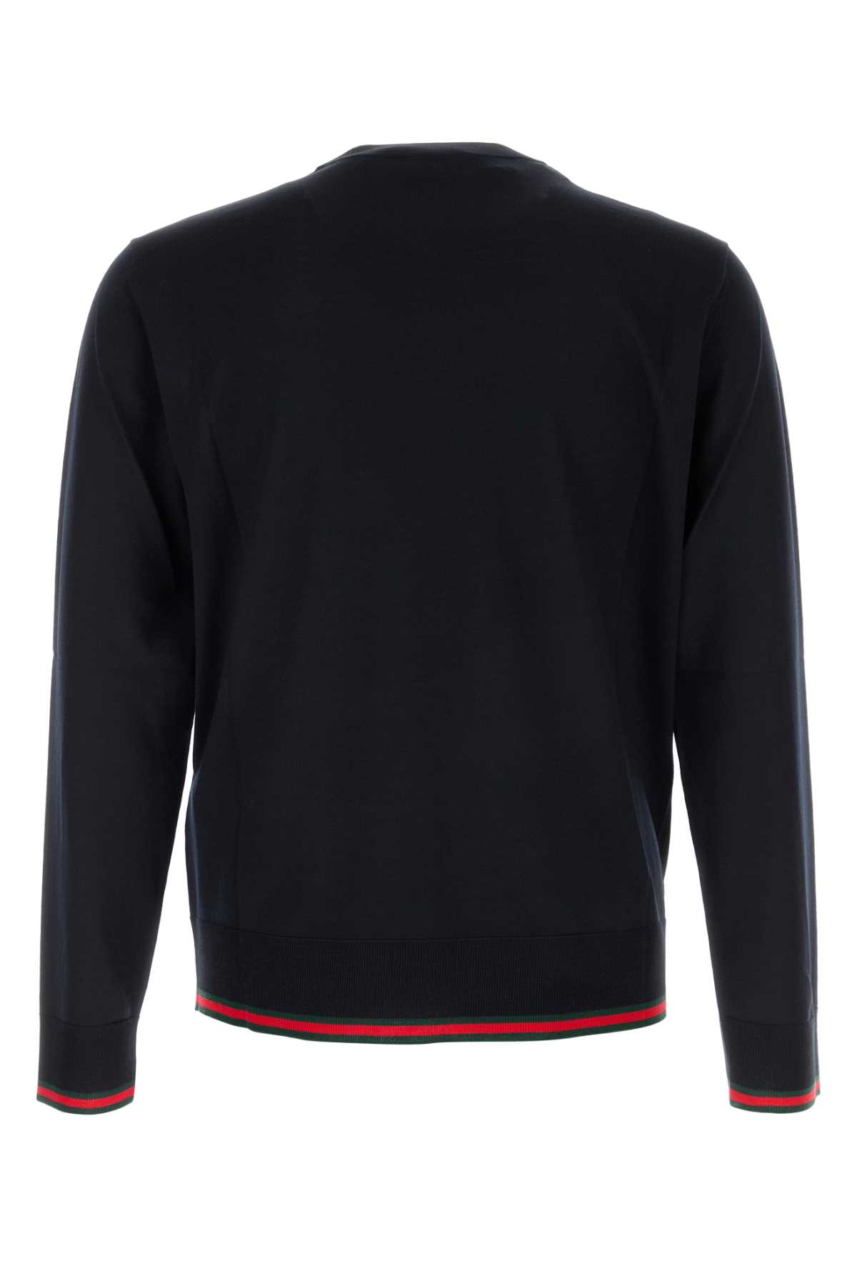 Gucci Blue Crewneck Sweater With Web Trims In Wool Man In Navy