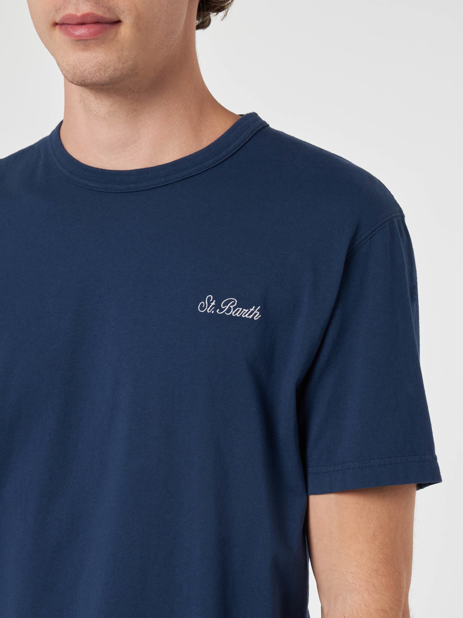Shop Mc2 Saint Barth Man Blue Cotton Jersey T-shirt Dover With St. Barth Embroidery