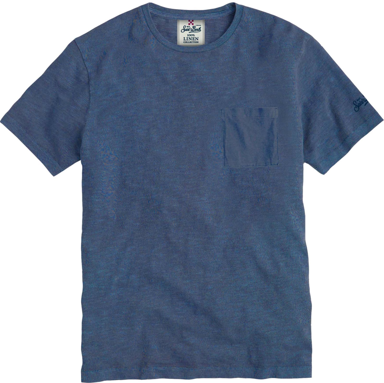 MC2 Saint Barth Blue Linen Man T-shirt With Printed Pocket