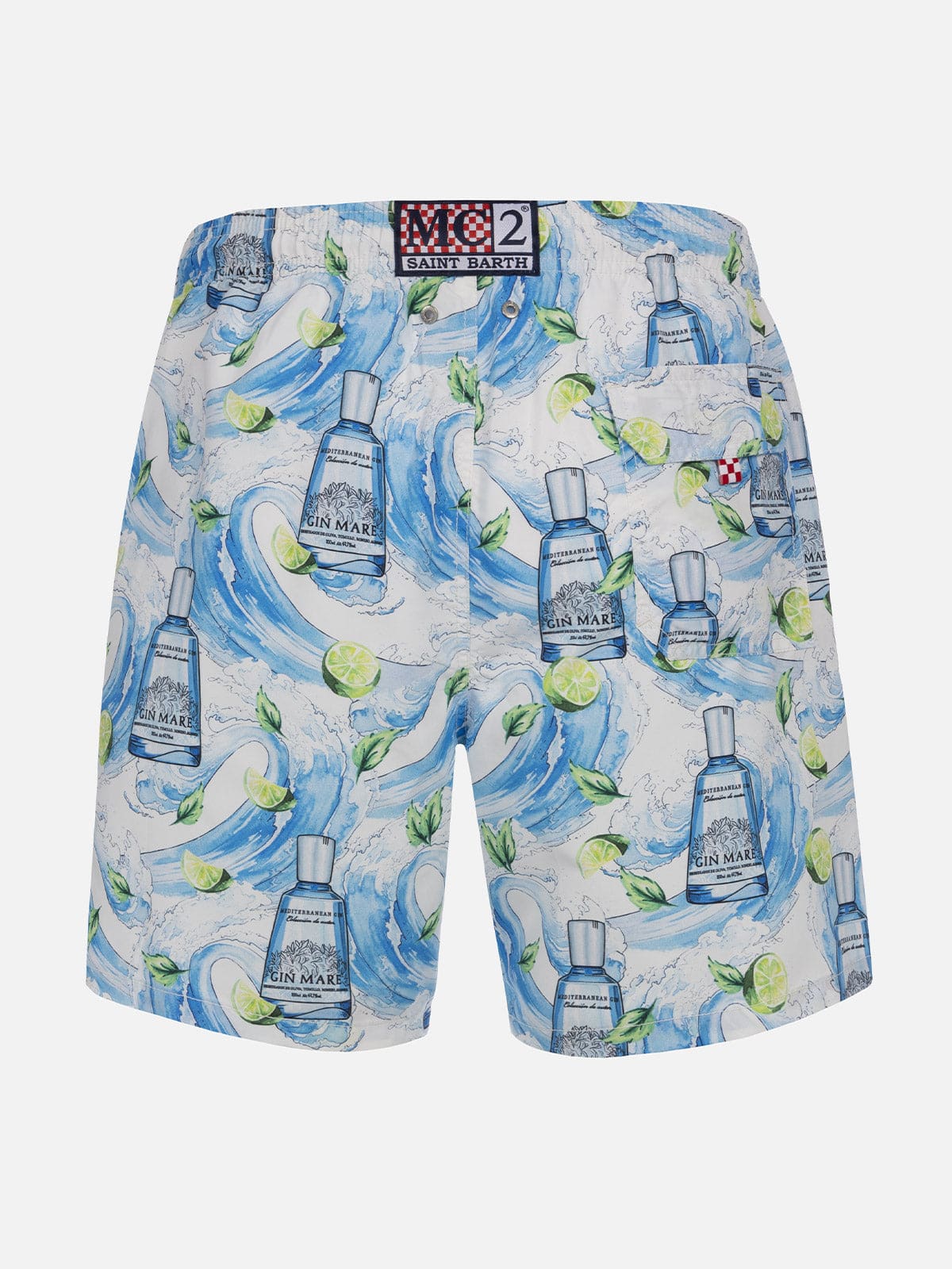 Shop Mc2 Saint Barth Man Mid-length Striped Gustavia Swim-shorts With Gin Print Gin Mare Special Edition In White