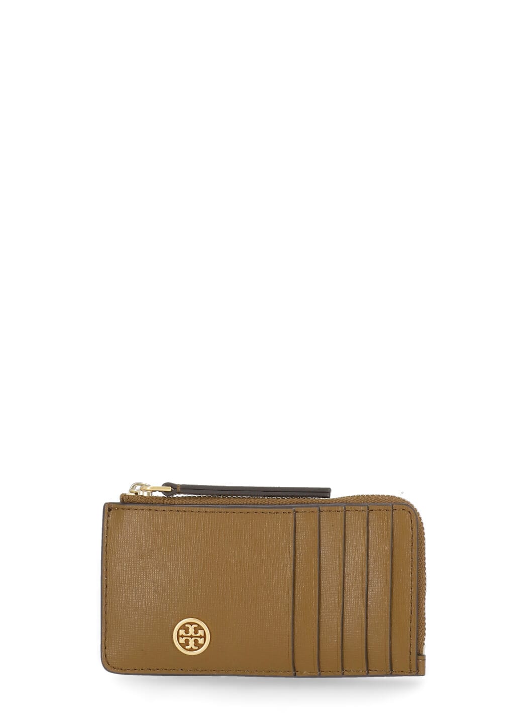 TORY BURCH: Robinson credit card holder in saffiano leather - Brown