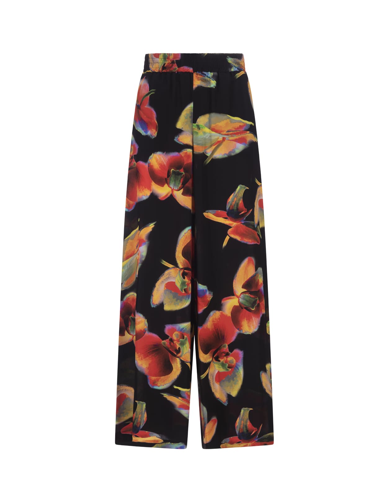 ALEXANDER MCQUEEN SOLARISED ORCHID WIDE LEG TROUSERS IN BLACK