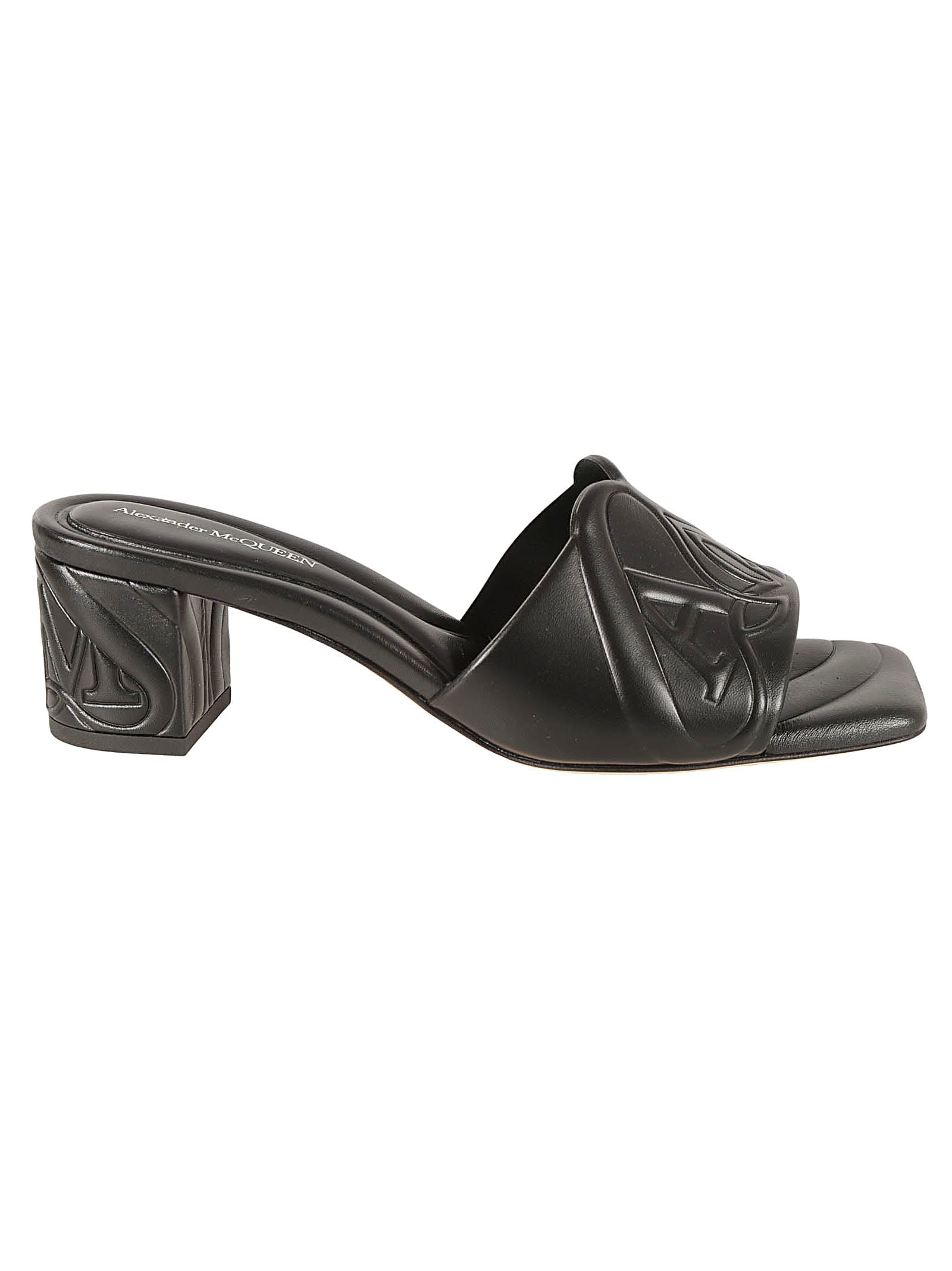 Alexander Mcqueen Block Heel Logo Embossed Sandals In Black