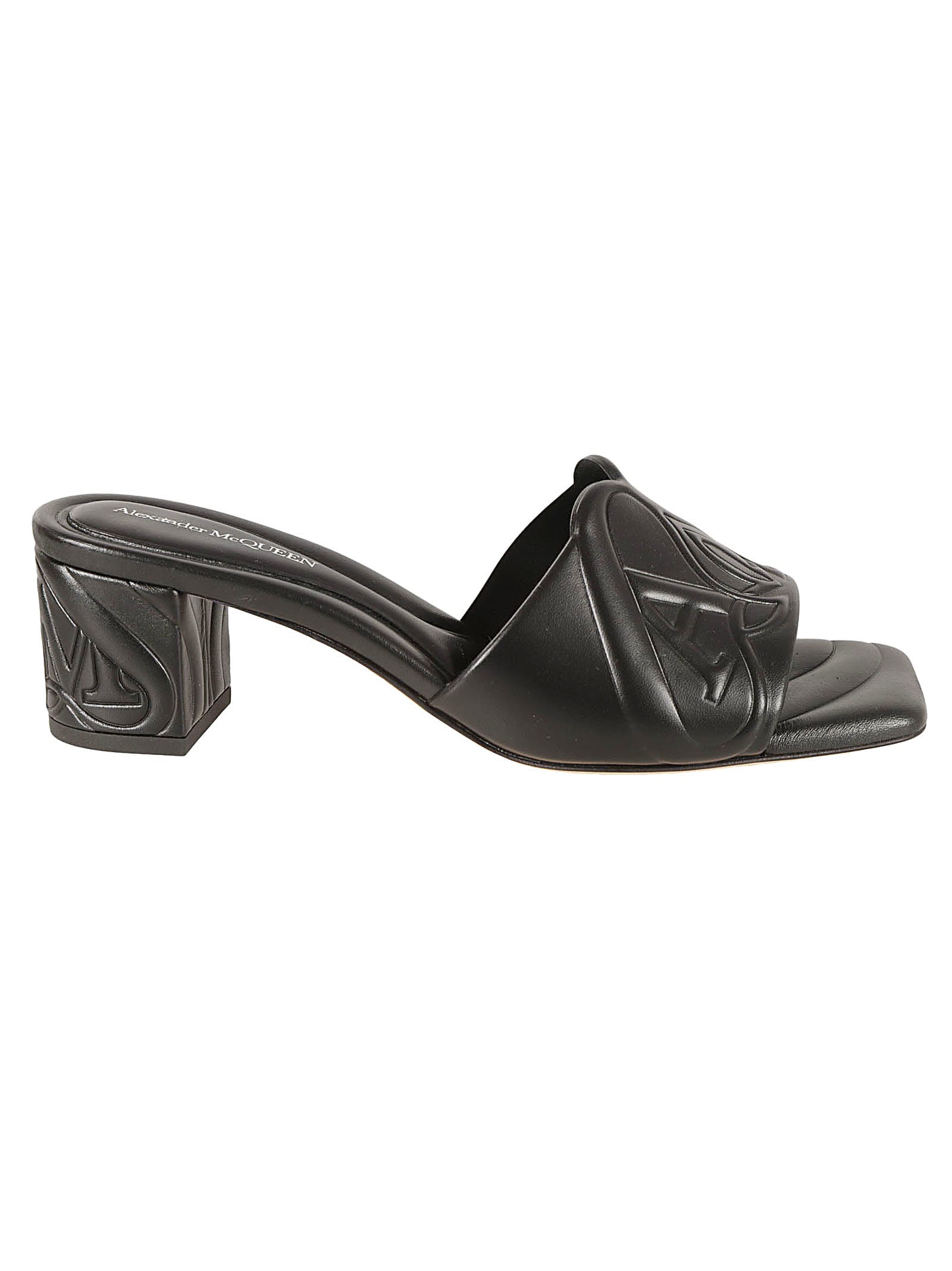 Shop Alexander Mcqueen Block Heel Logo Embossed Sandals In Black