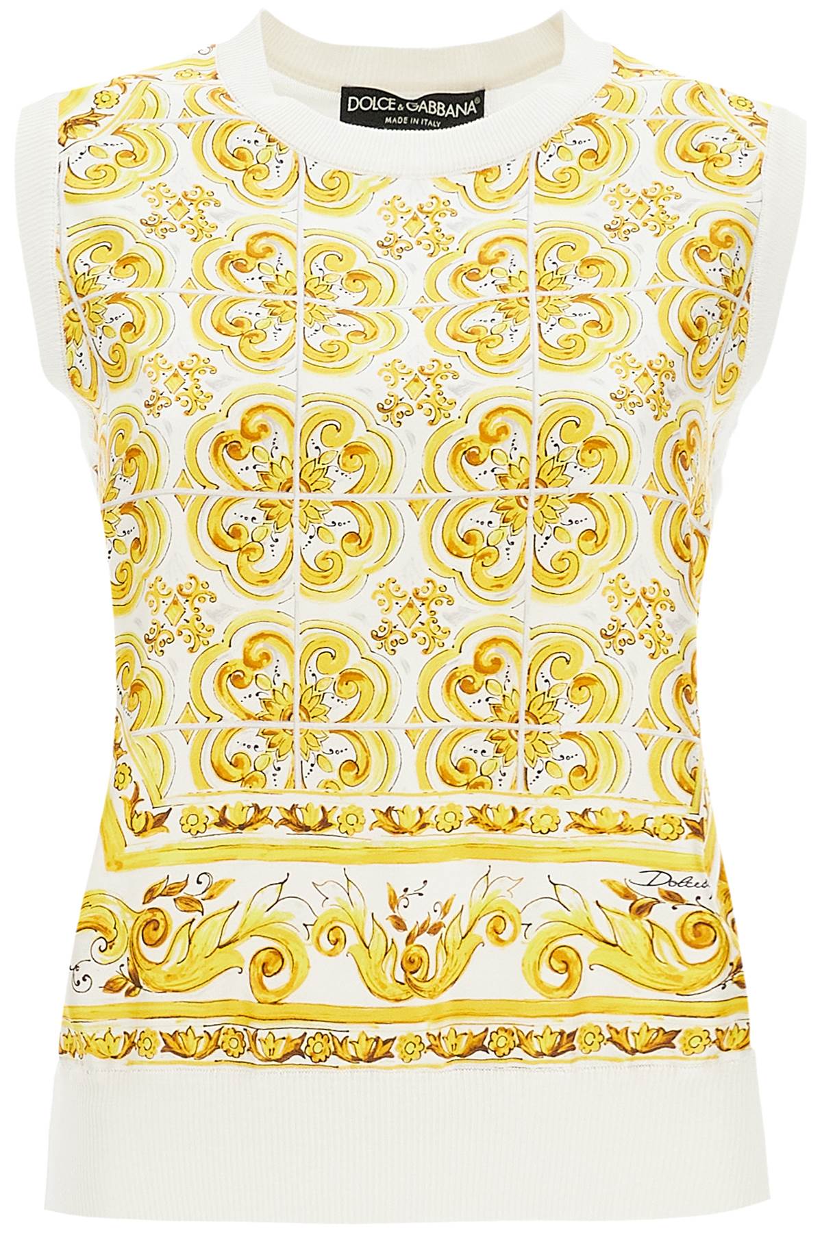 Shop Dolce & Gabbana Silk Sleeveless Top With Mai In Tris Maiolica Giallo (white)