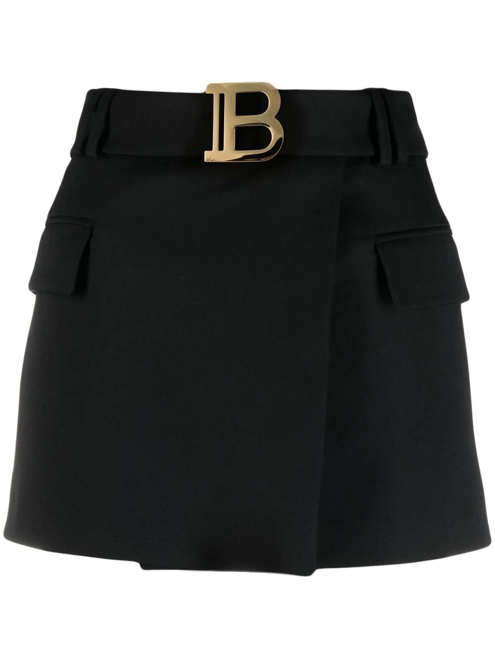 Balmain Short Black Grain De Poudre Fabric Skirt