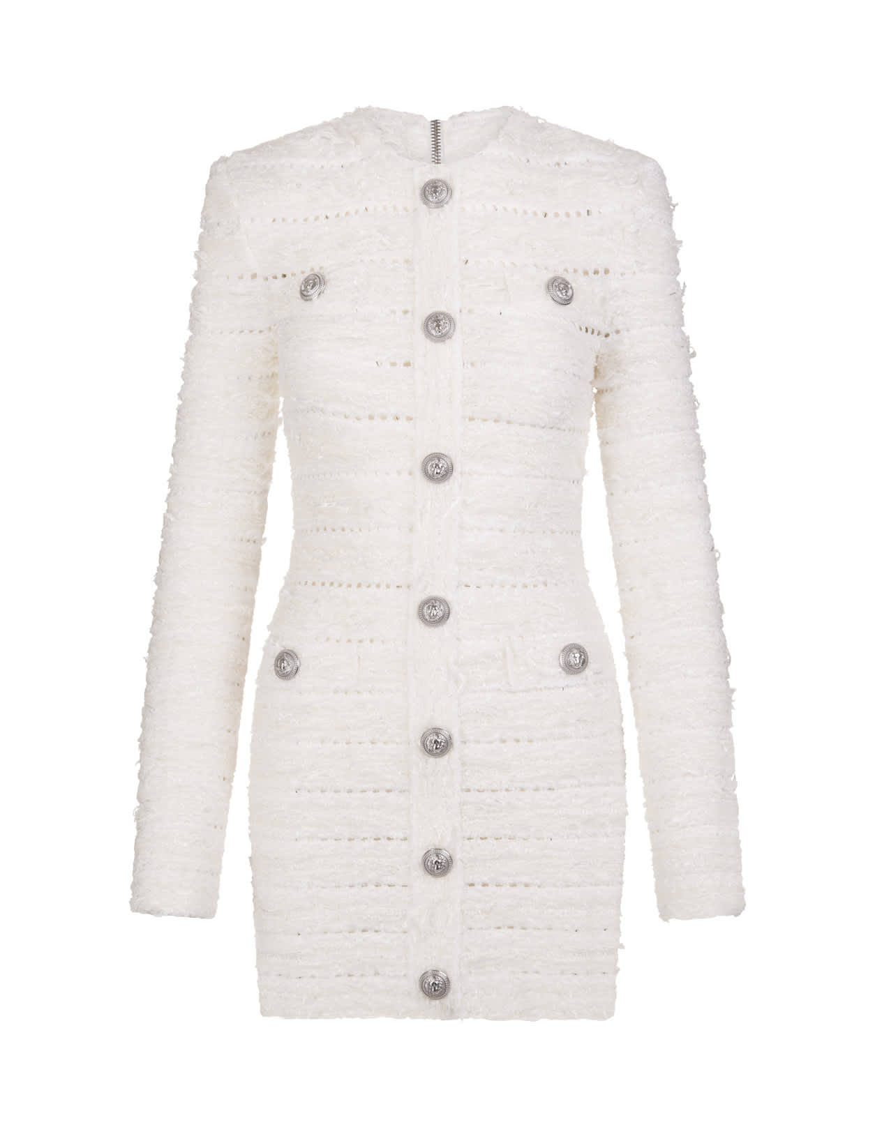 Balmain Short White Tweed Dress With Silver Embossed Buttons