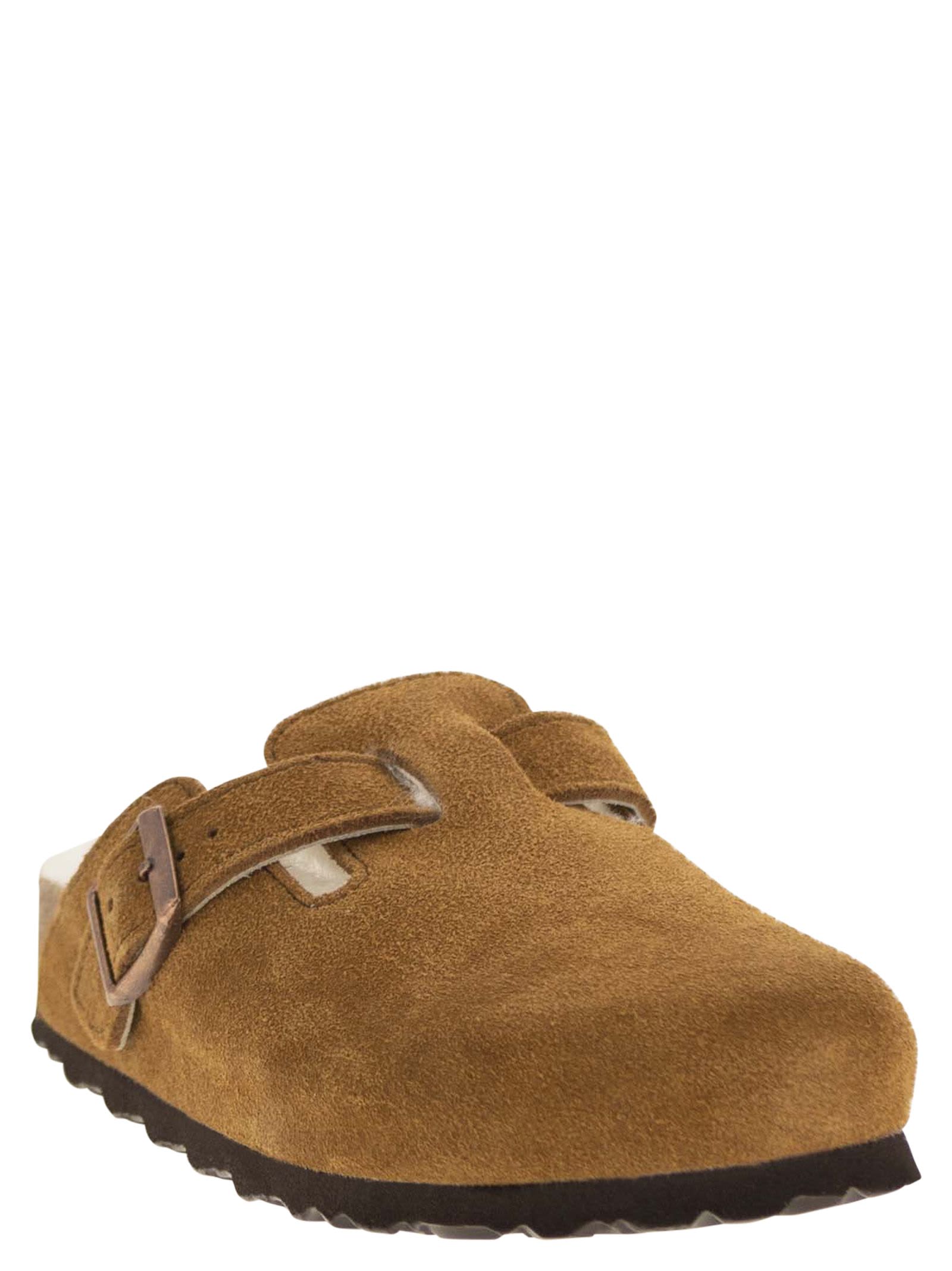 Birkenstock Boston Suede Mule With Fur Lining Shoes In Brown
