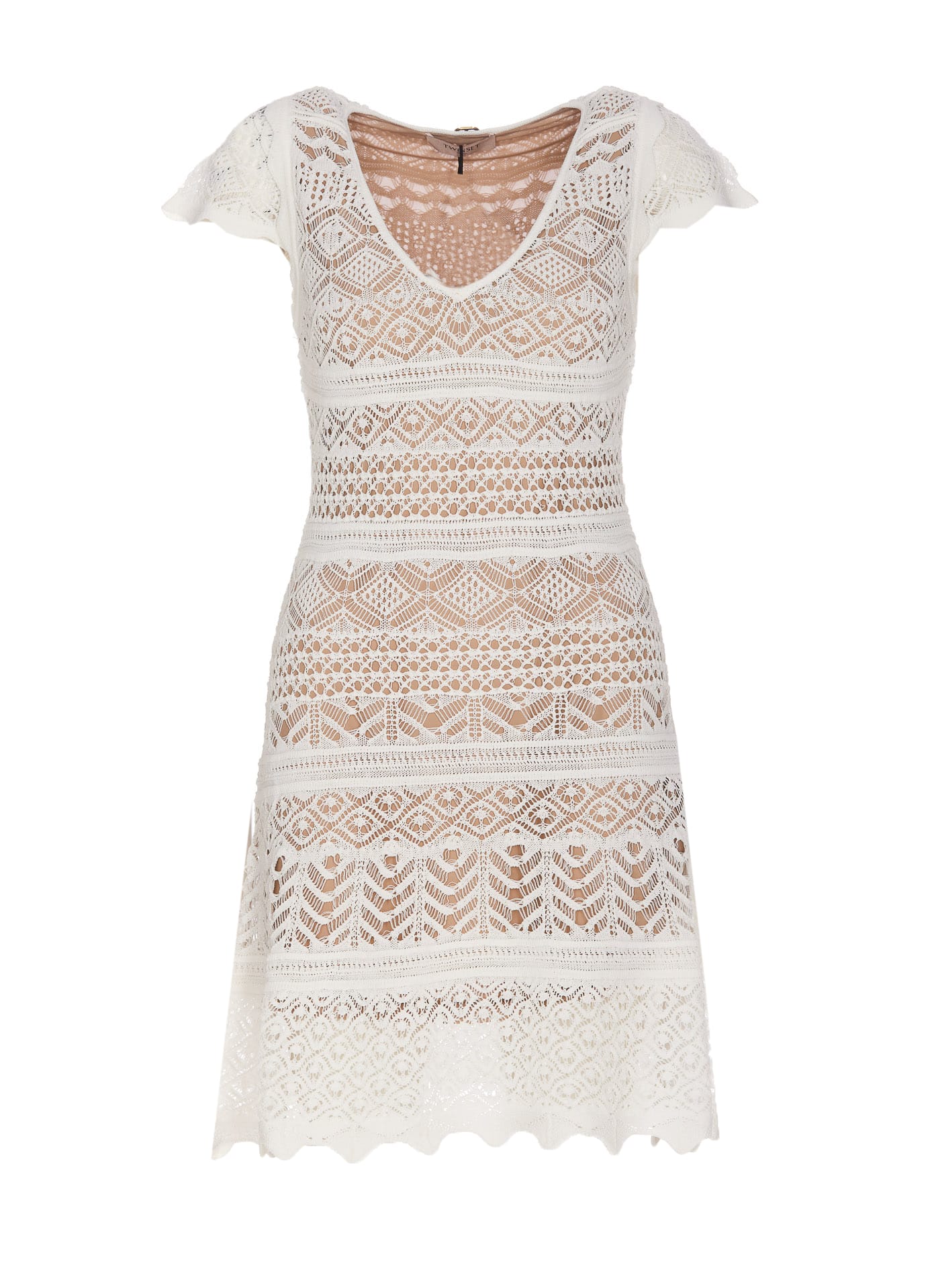 Shop Twinset Lace Effect Mini Knit Dress In White