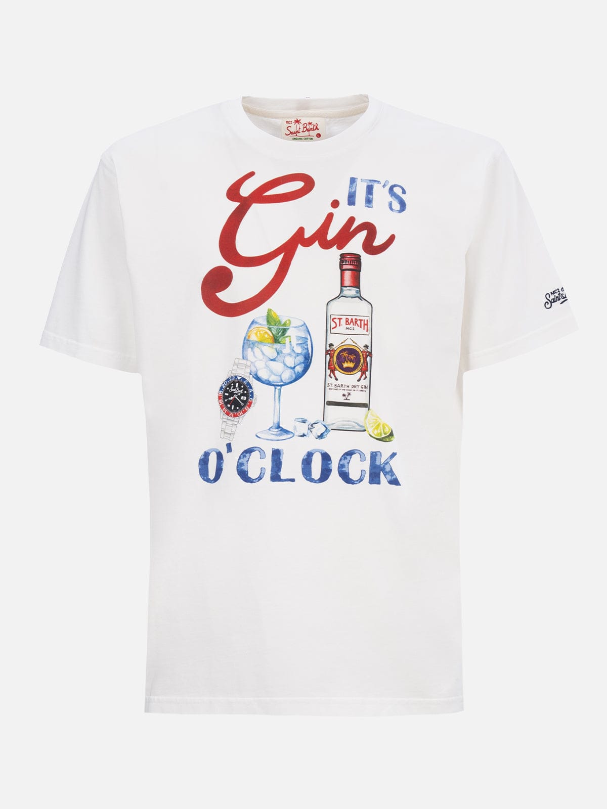 MC2 SAINT BARTH MAN COTTON T-SHIRT WITH ITS GIN OCLOCK PLACED PRINT