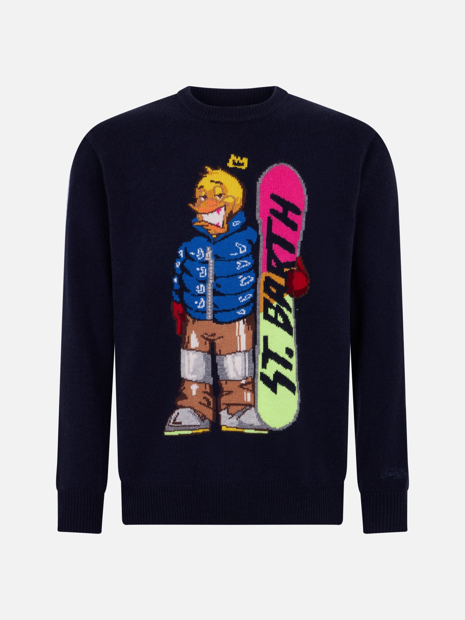 Shop Mc2 Saint Barth Man Crewneck Sweater With Crypto Ducky Jacquard Print Crypto Puppets Special Edition In Blue