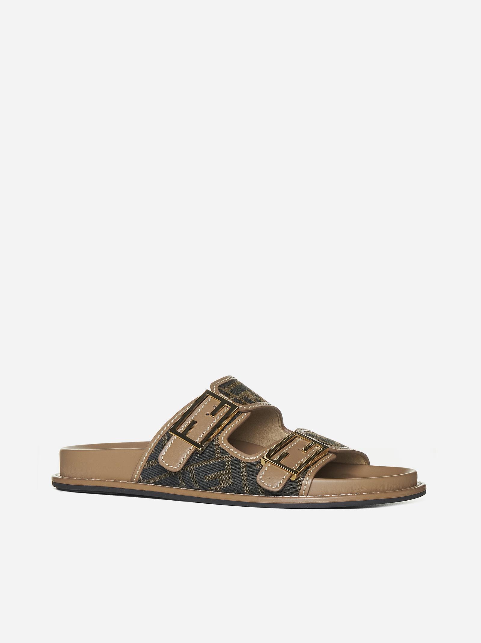 Shop Fendi Feel Ff Fabric And Leather Slides In Brown
