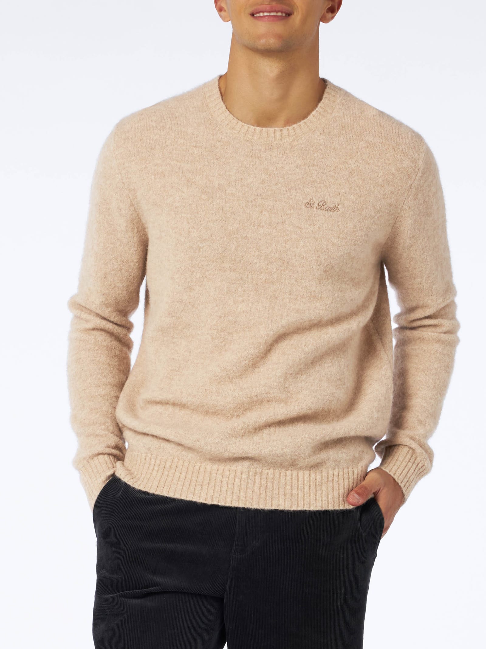 MC2 SAINT BARTH MAN BEIGE STRETCH ALPACA SWEATER WITH ST. BARTH EMBROIDERY