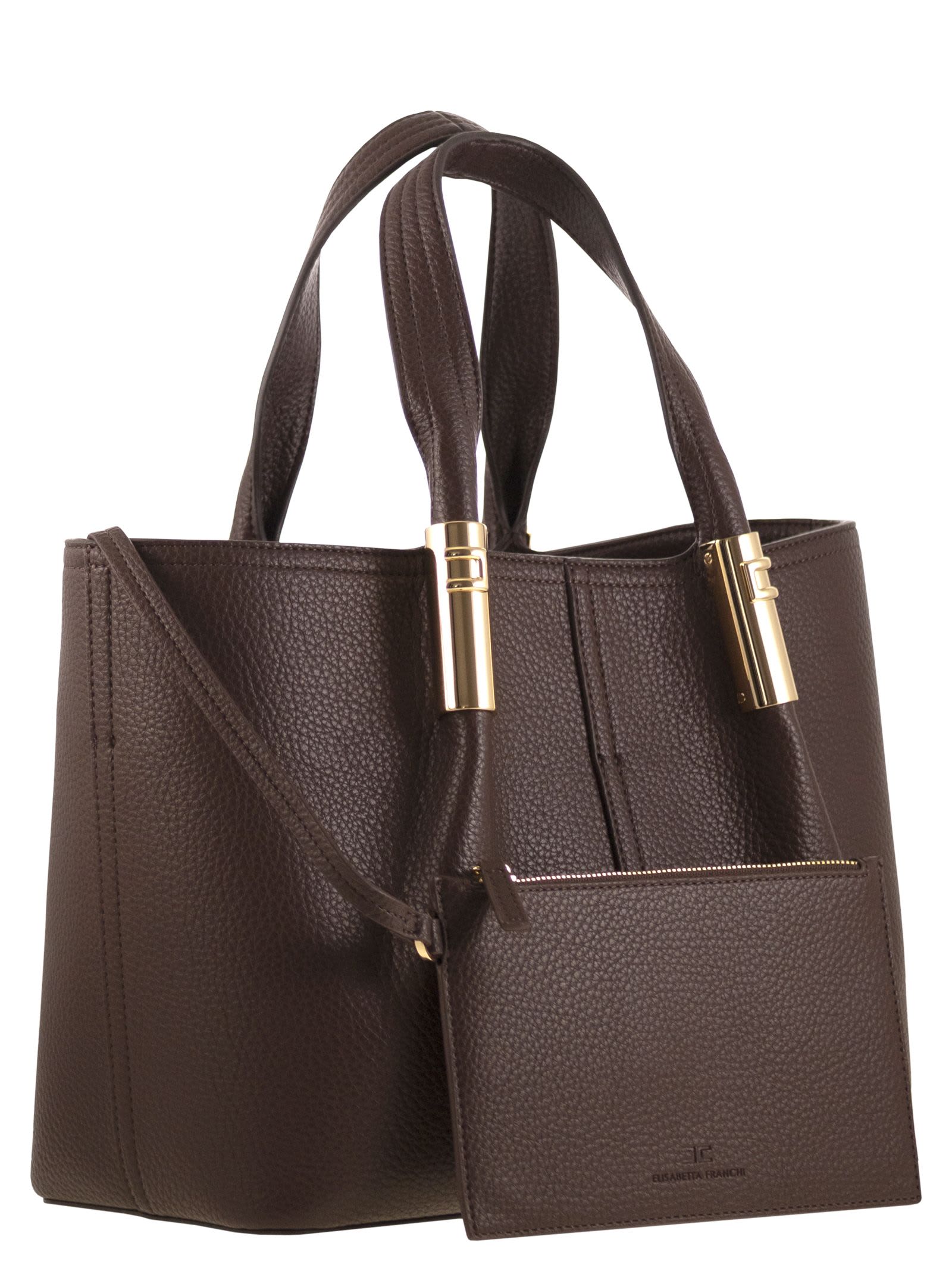 Elisabetta Franchi Medium Tote Bag With Logo Details In Brown