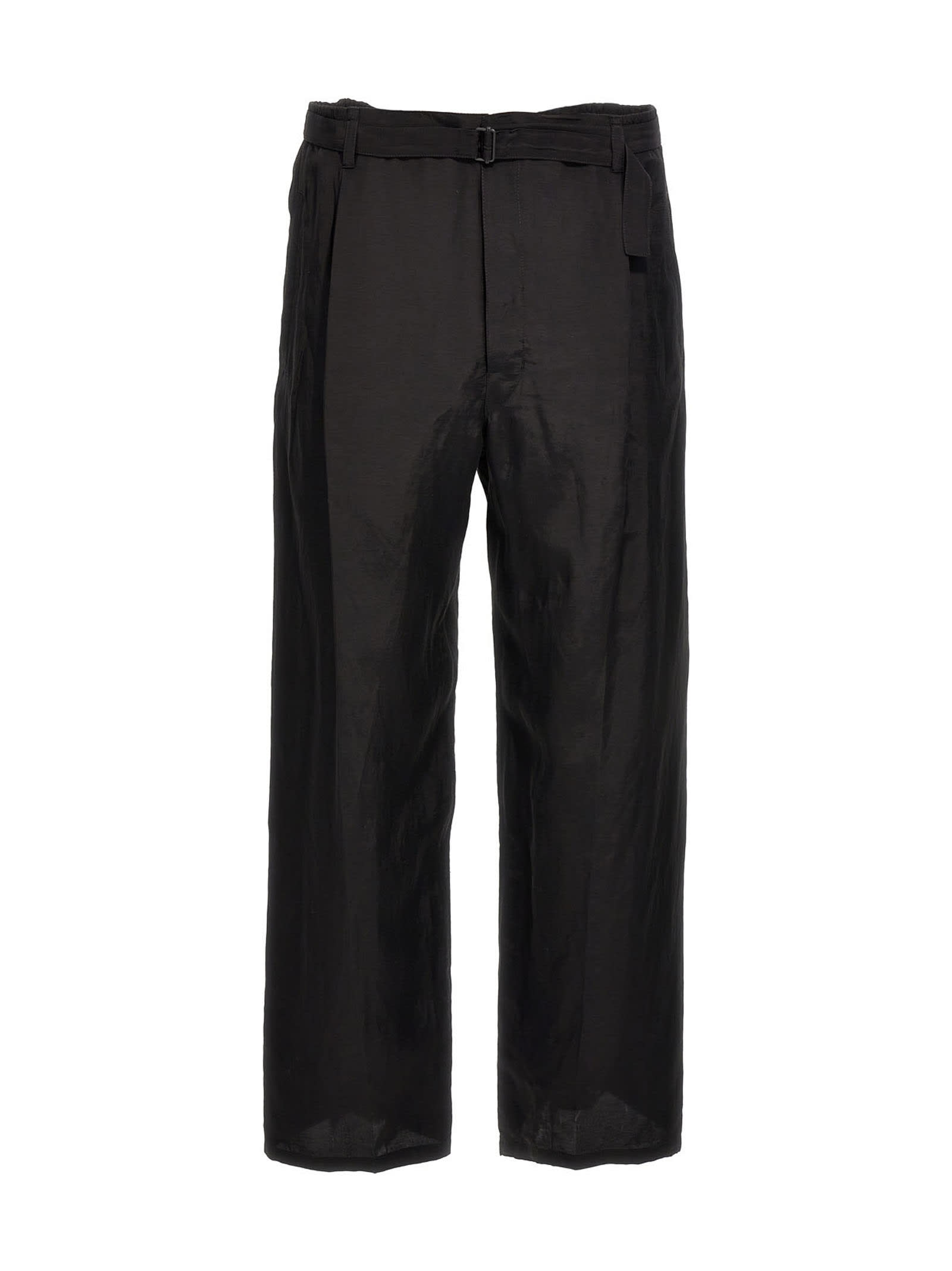 Lemaire Belted Pleated Cotton Blend Loose Fit Pants In Black