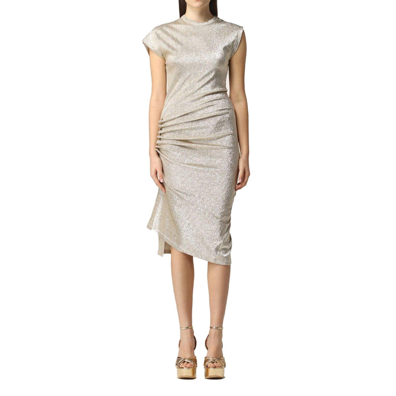 Shop Rabanne Asymmetric Ruched Midi Dress In Silver Gold