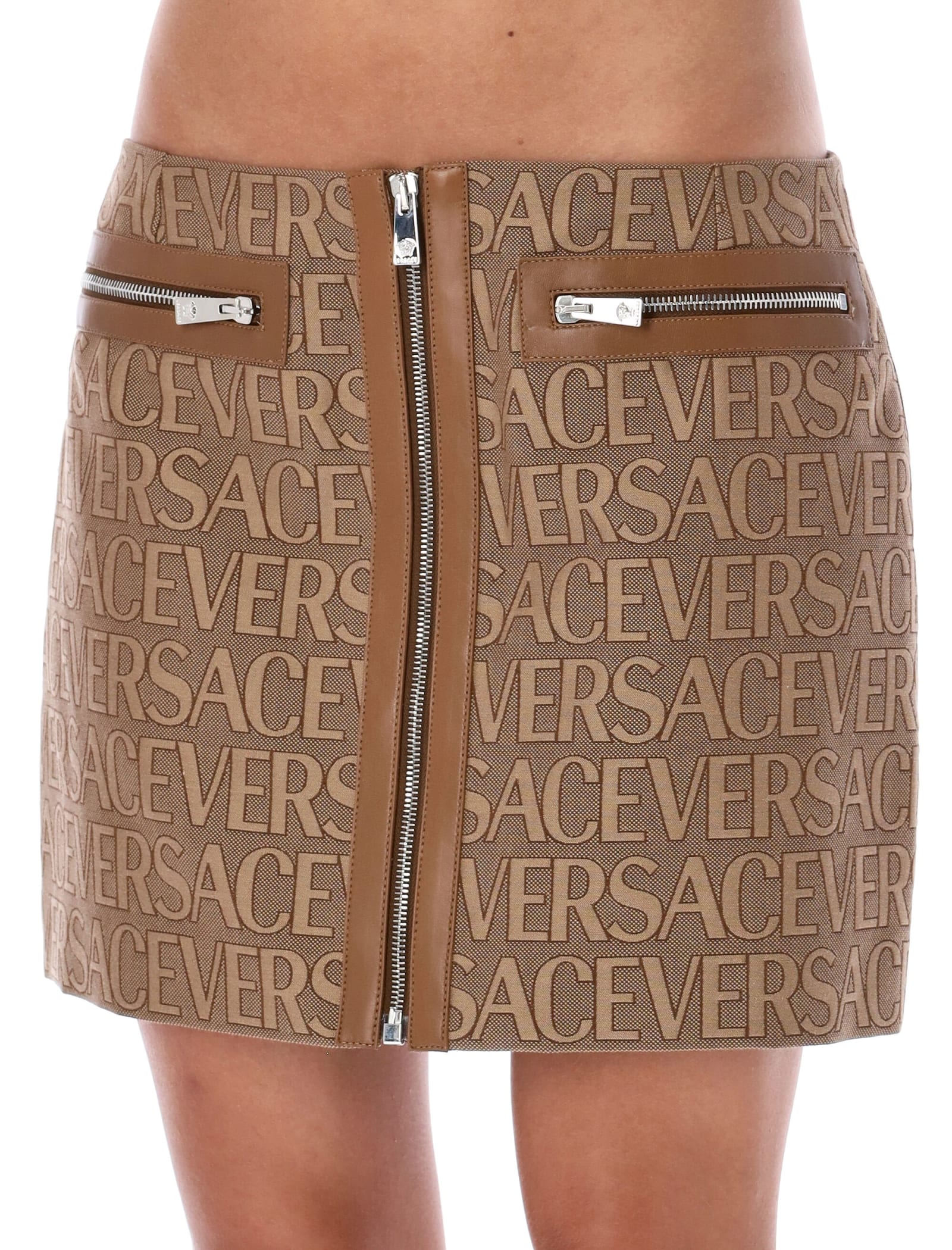 VERSACE La Greca embossed stretch-terry mini skirt