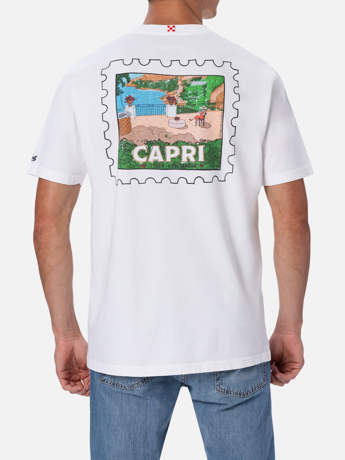 Mc2 Saint Barth Man Cotton T-shirt With Capri Postcard Front And Back Print Alessandro Enriquez Special Edition In White
