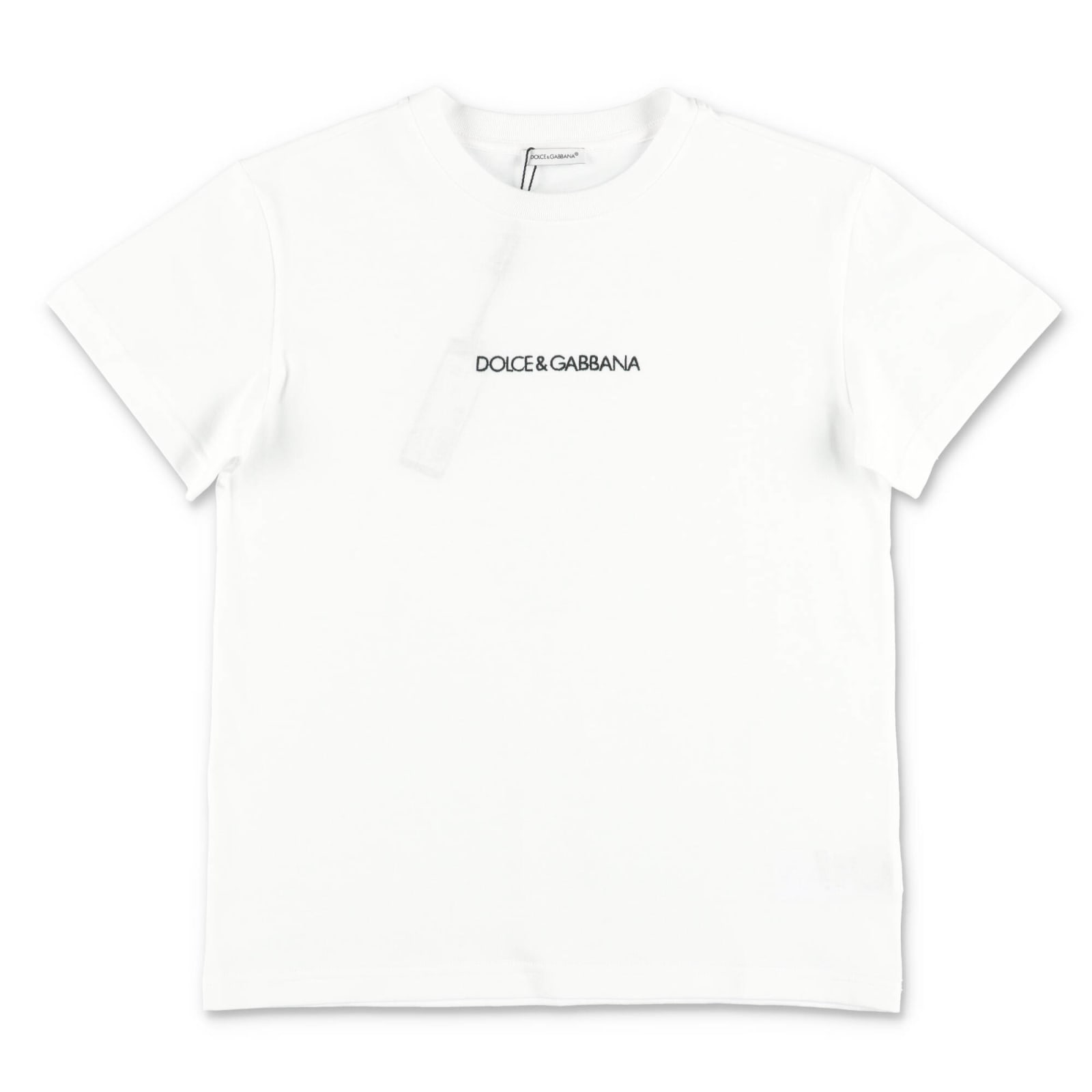 Shop Dolce & Gabbana T-shirt Bianca In Jersey Di Cotone Con Lettering Logo In Bianco