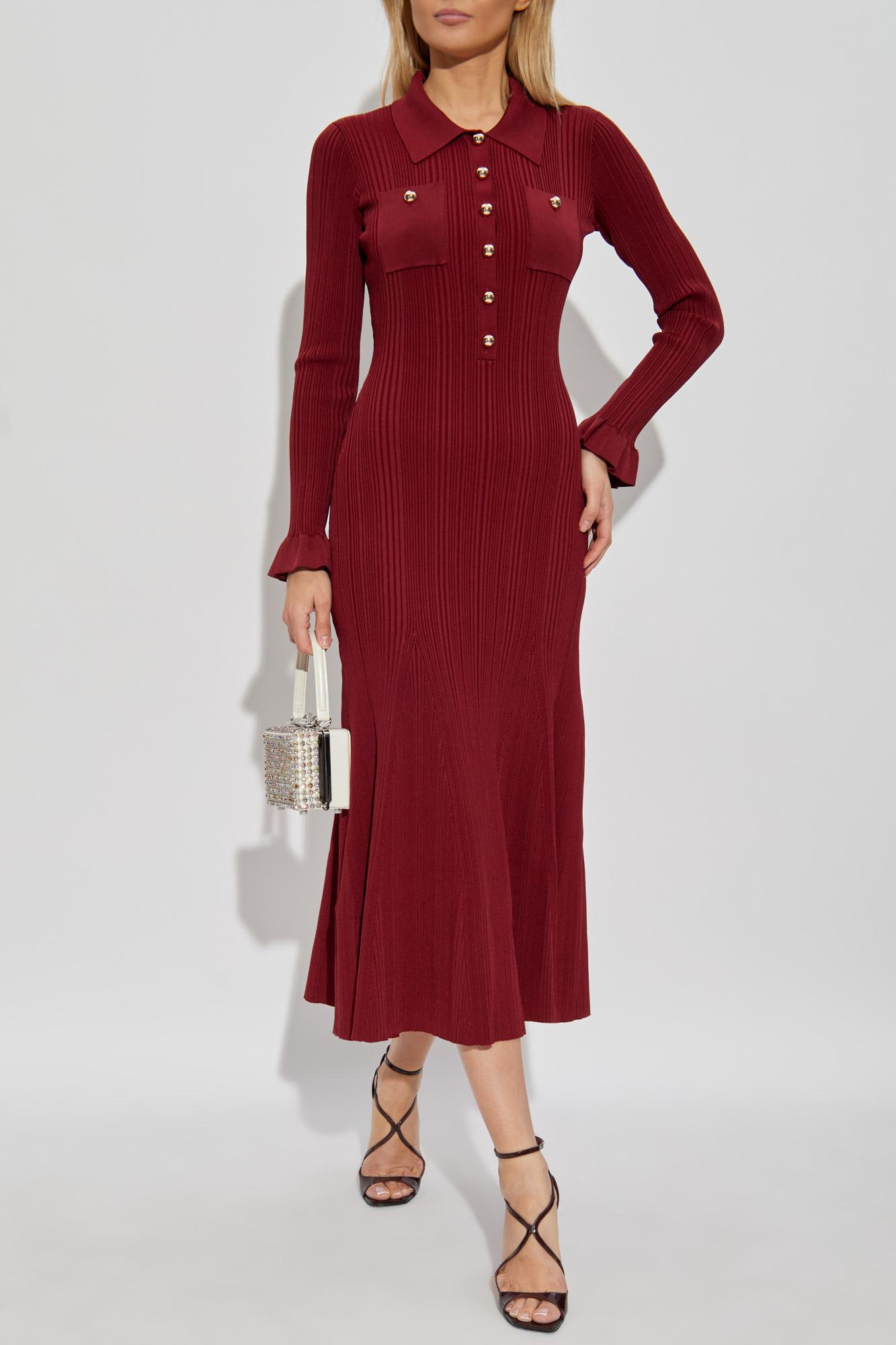 Self-portrait Button-embellished Ribbed-knit Midi Dress In Burgundy