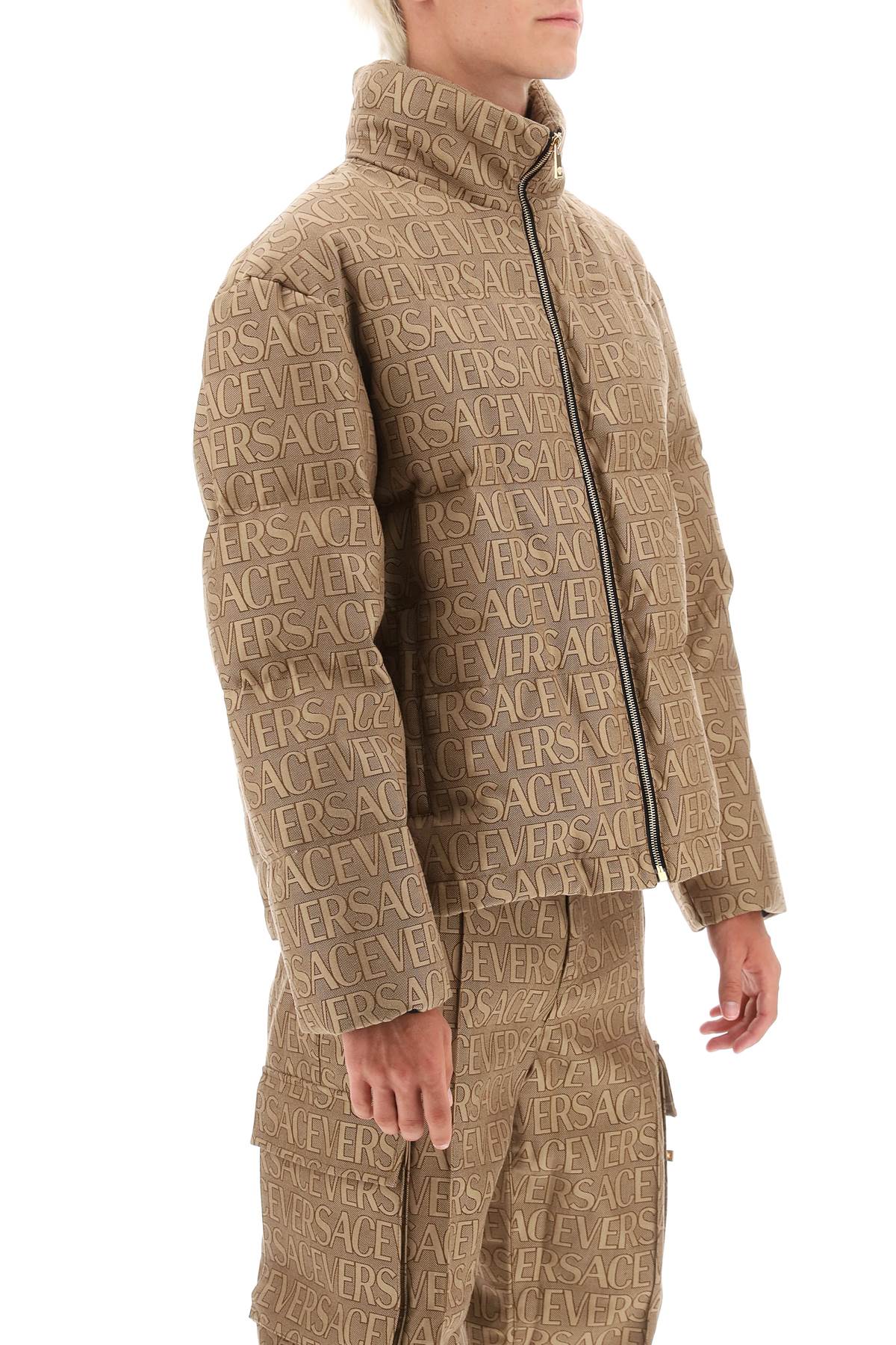 Shop Versace Allover Down Jacket In Brown Beige (brown)